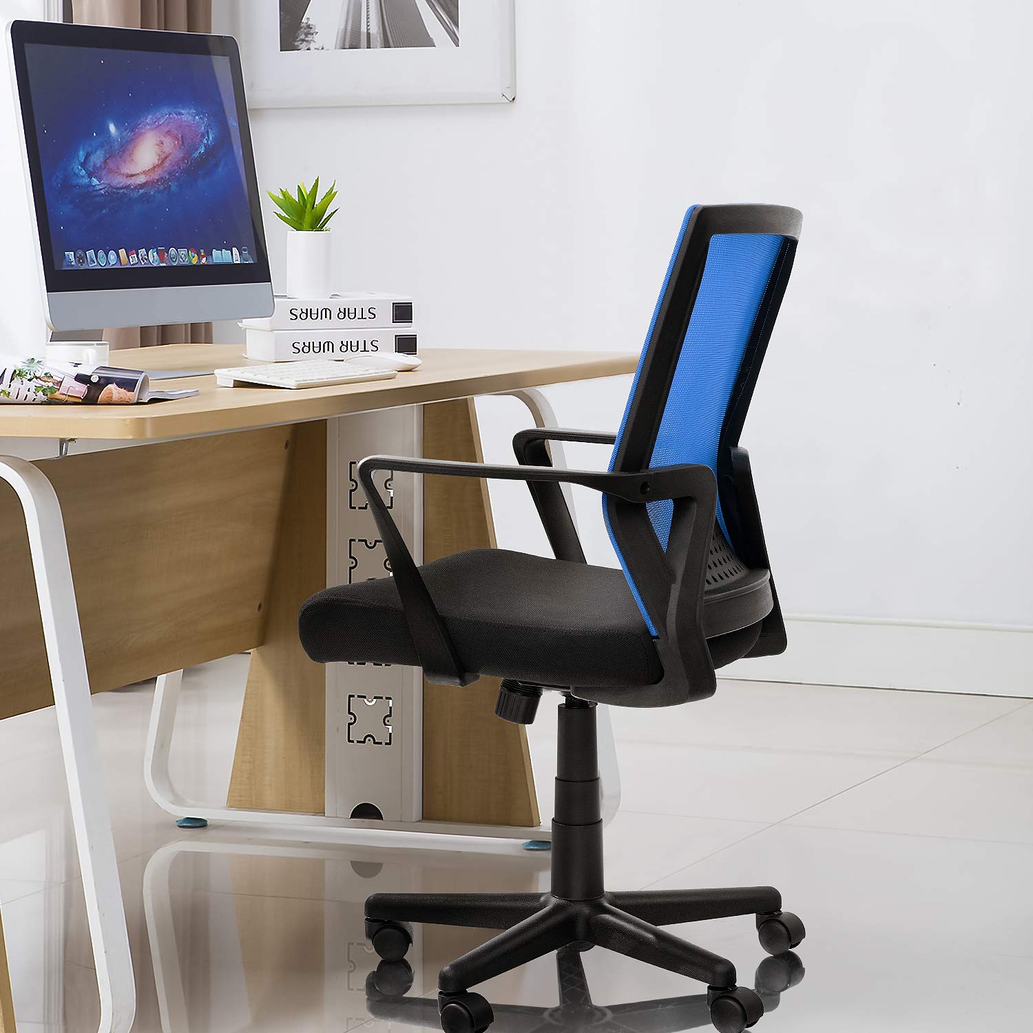 Furniwell Ergonomic Office Chair - Mid Back Mesh Computer Desk Chair with Adjustable Lumbar Support & Armrests - Modern Swivel Task Chair for Home Office (Blue) | Perfect for Long Work Hours & Remote Work