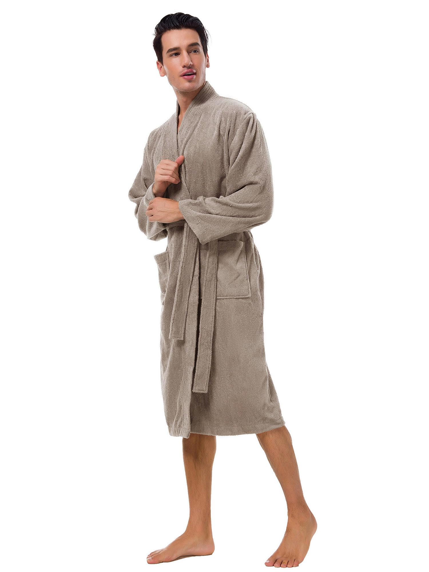 SIORO Men's Terry Cloth Kimono Bathrobe - Soft Cotton Calf-Length Spa Robe for Shower, Hot Tub & Hotel Use - Cozy Housecoat for Relaxation at Home