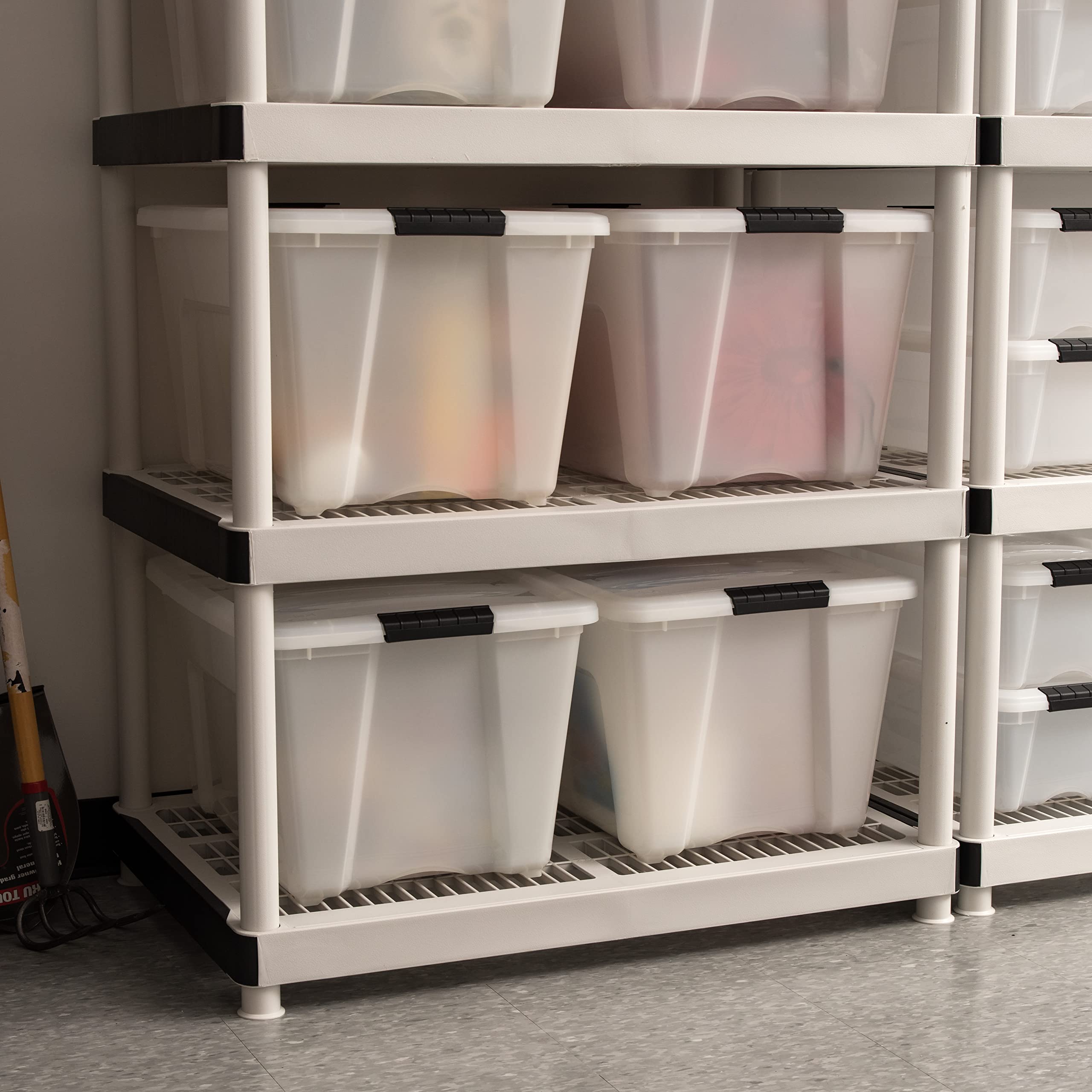 IRIS USA 54 Qt Stackable Plastic Storage Bins with Lids, 4 Pack - BPA-Free, Made in USA - Durable Nestable Containers with Secure Pull Handle & Latches - Perfect for Home Organization, Closet Storage, Garage & Office Use - Pearl