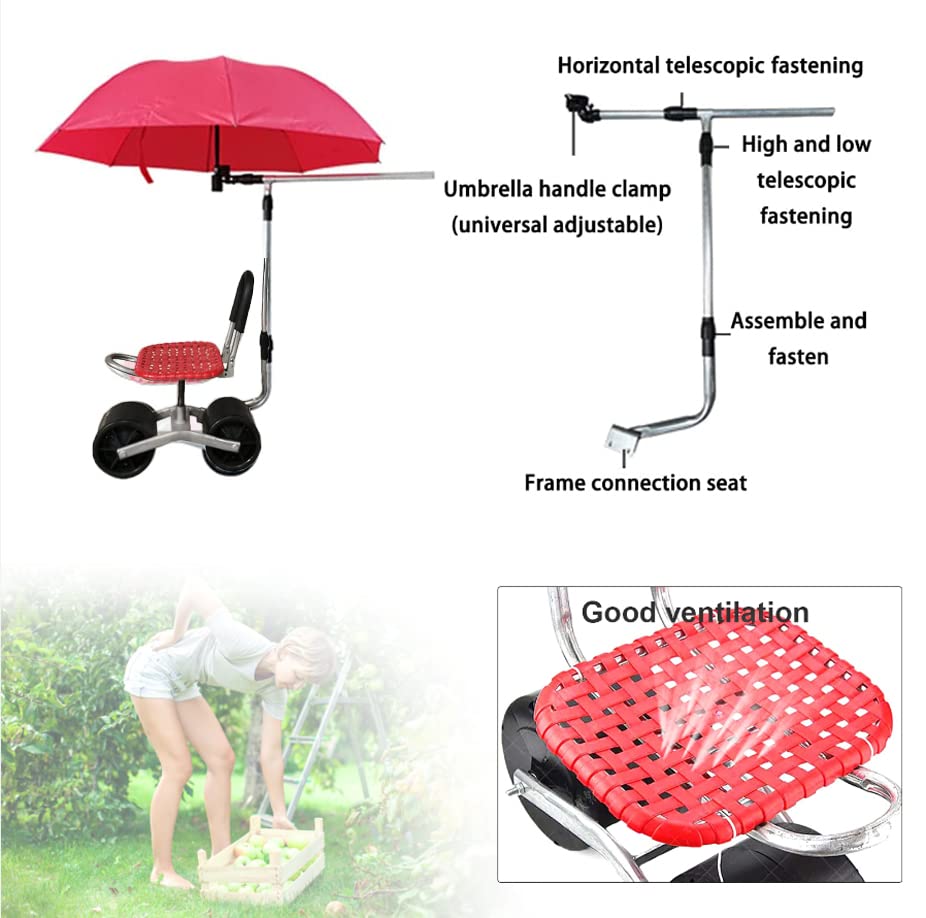 360° Rotatable Rolling Garden Seat with Adjustable Height - Foldable Backrest & Umbrella Holder - Outdoor Gardening Stool for Planting, Weeding & Landscaping - Perfect for Seniors & Garden Enthusiasts in Backyards, Patios & Greenhouses