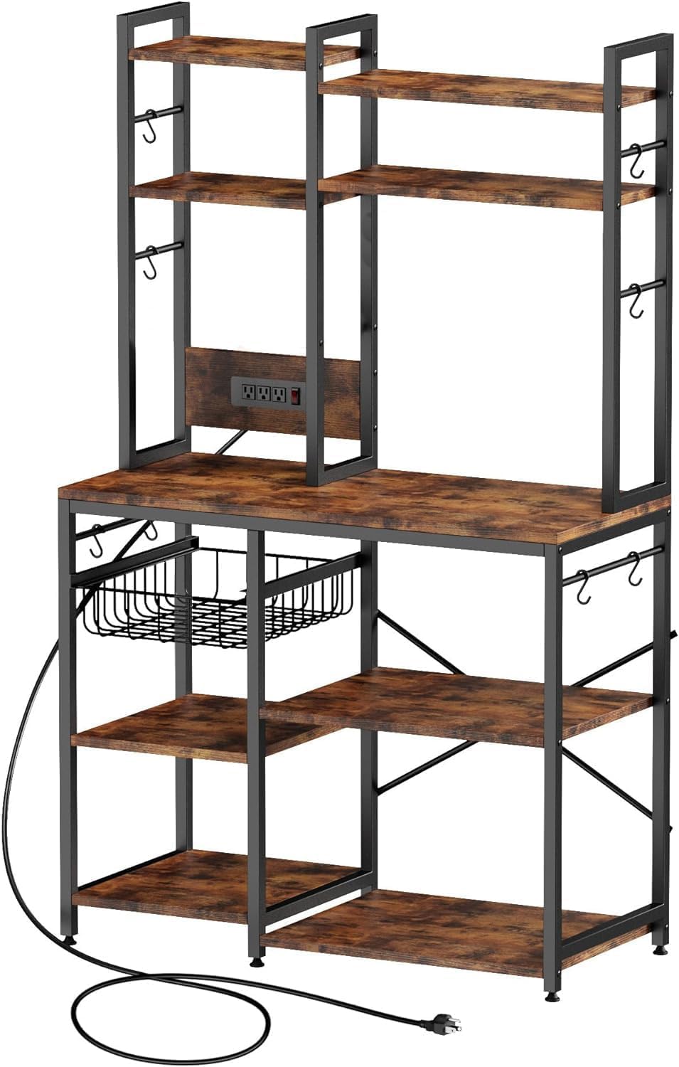 Luckyeestar 6-Tier Kitchen Baker’s Rack with Power Outlet & Microwave Stand - Coffee Bar Station with 12 S-Hooks & Wire Basket - Rustic Brown Shelving Unit for Small Kitchen, Pantry Organization & Coffee Corner Setup