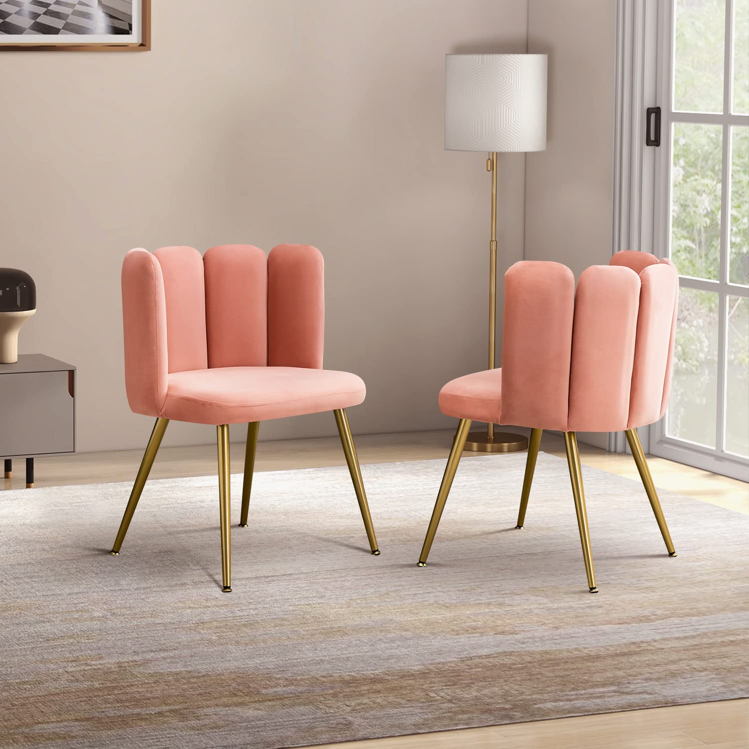HULALA HOME Velvet Accent Chairs Set of 2 - Pink Upholstered Dining Chairs with Shell Back & Gold Metal Legs, Modern Vanity Chair for Makeup Room, Comfy Living Room Seating for Bedroom, Office, or Lounge