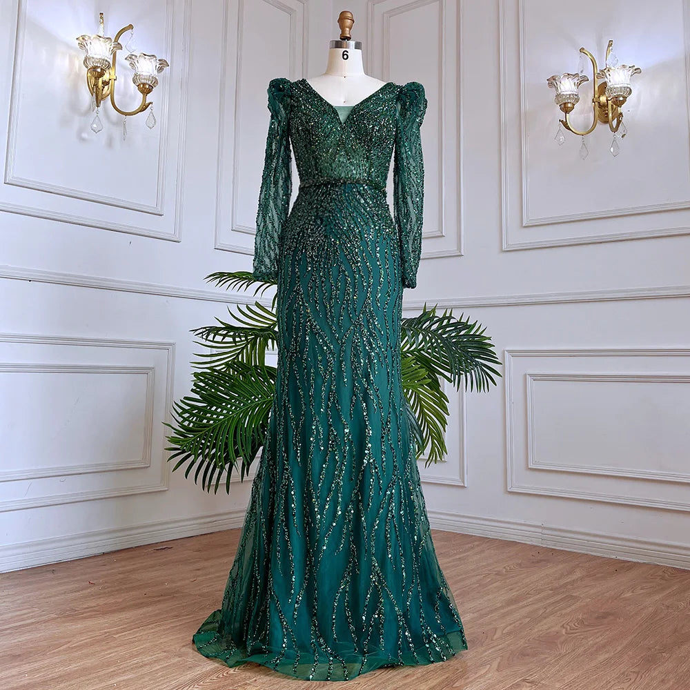 Elegant Muslim Blue Mermaid Evening Dress with Beaded Details - Luxury Arabic Gown for Women - Perfect for Weddings, Parties & Special Occasions - Serene Hill Collection 2025 LA71931