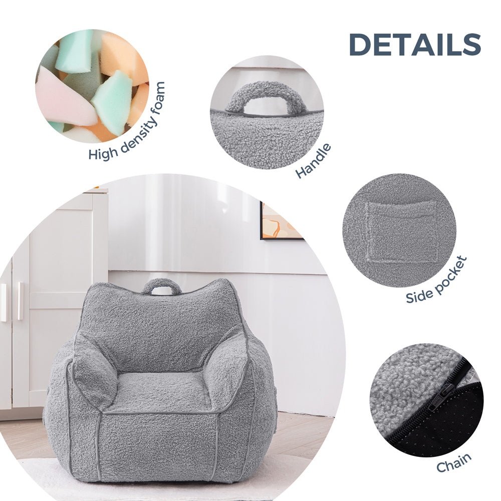 MAXYOYO Kids Sherpa Bean Bag Chair - Soft & Cozy Bean Bag Couch with Decorative Edges for Children's Room, Nursery or Playroom (Grey) - Perfect for Reading, Gaming & Relaxing