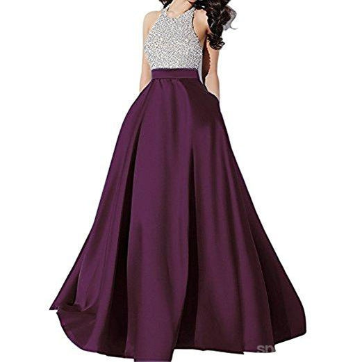 Elegant Purple Rhinestone Beaded Halter A-Line Long Evening Prom Dress - Perfect for Formal Events, Homecoming, Pageants & Special Occasions