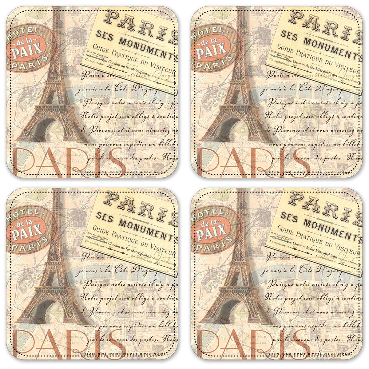 Vinyl Drink Coasters Set of 4 - Paris Themed - Non-Slip Absorbent Coasters for Coffee, Wine & Beer - Perfect for Home, Office & Restaurant Use