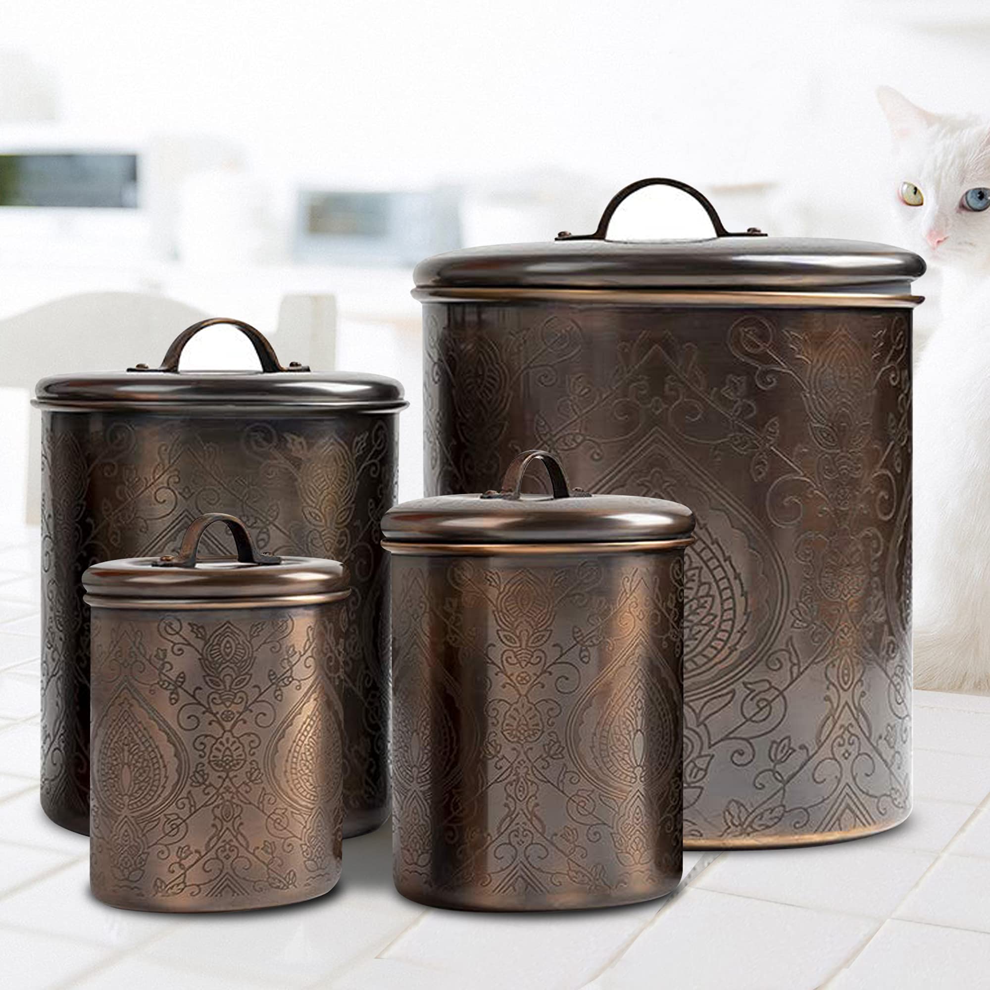 Premium Antique Etched Kitchen Canister Set - 4-Piece Copper & Stainless Steel Storage Containers for Flour, Sugar, Coffee & Tea | Elegant Pantry Organization & Countertop Display