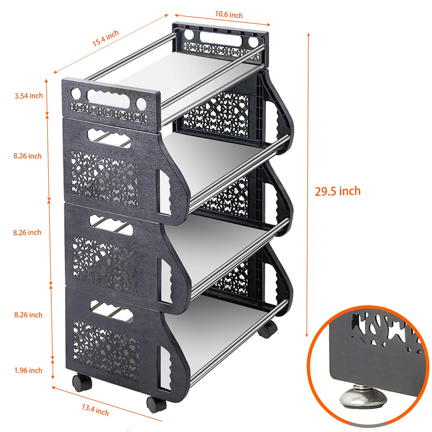 Nandae 4-Tier Metal Rolling Cart Organizer with Wheels - Kitchen Storage Basket for Fruits, Vegetables, Pantry, Bedroom, Bathroom - Ideal for Home, Office, and Dorm Organization