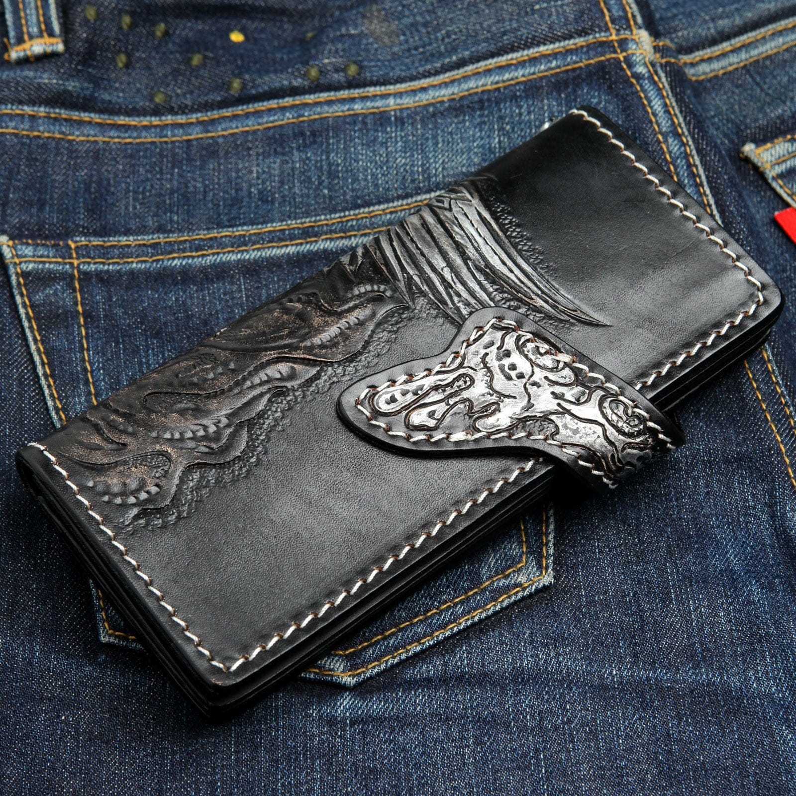 Genuine Leather Biker Wallet with Harley Indian Skull Design - Long Chain Motorcycle Wallet for Men - Perfect for Biker Rides, Motorcycle Shows & Everyday Use
