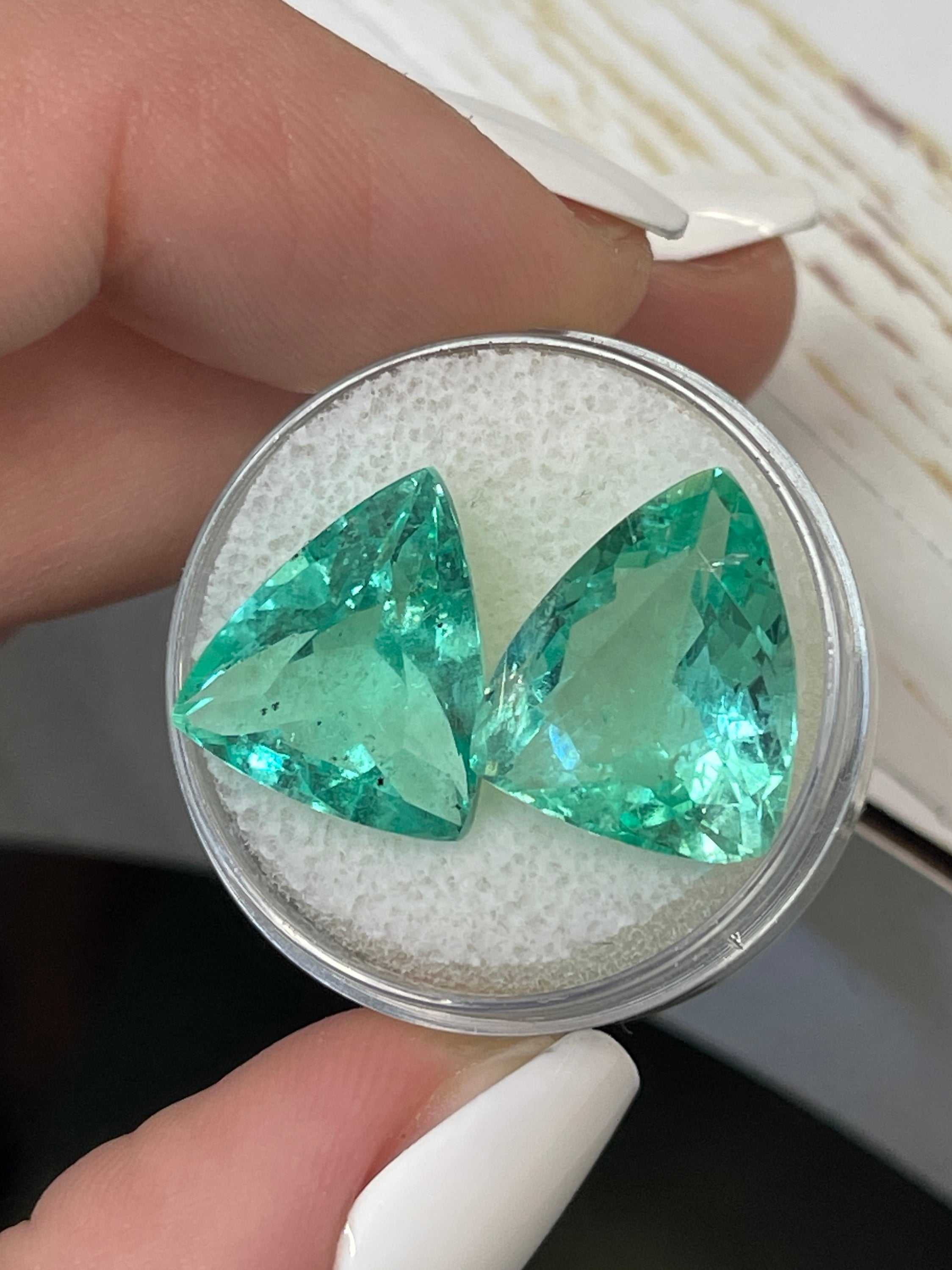 15.76tcw Natural Colombian Emerald Loose Gemstones - Matching Pair 15x13mm Green Trillion Cut for Jewelry Making, Engagement Rings & Custom Designs
