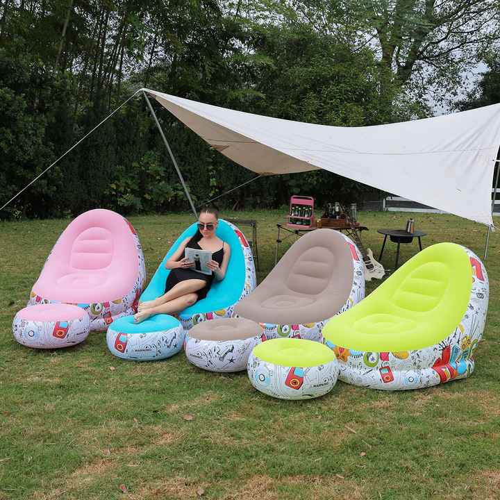 Portable Inflatable Sofa Chair with Ottoman - Waterproof Flocked Lazy Sofa for Camping, Home, Beach & Outdoor Use (Pink Graffiti Design)