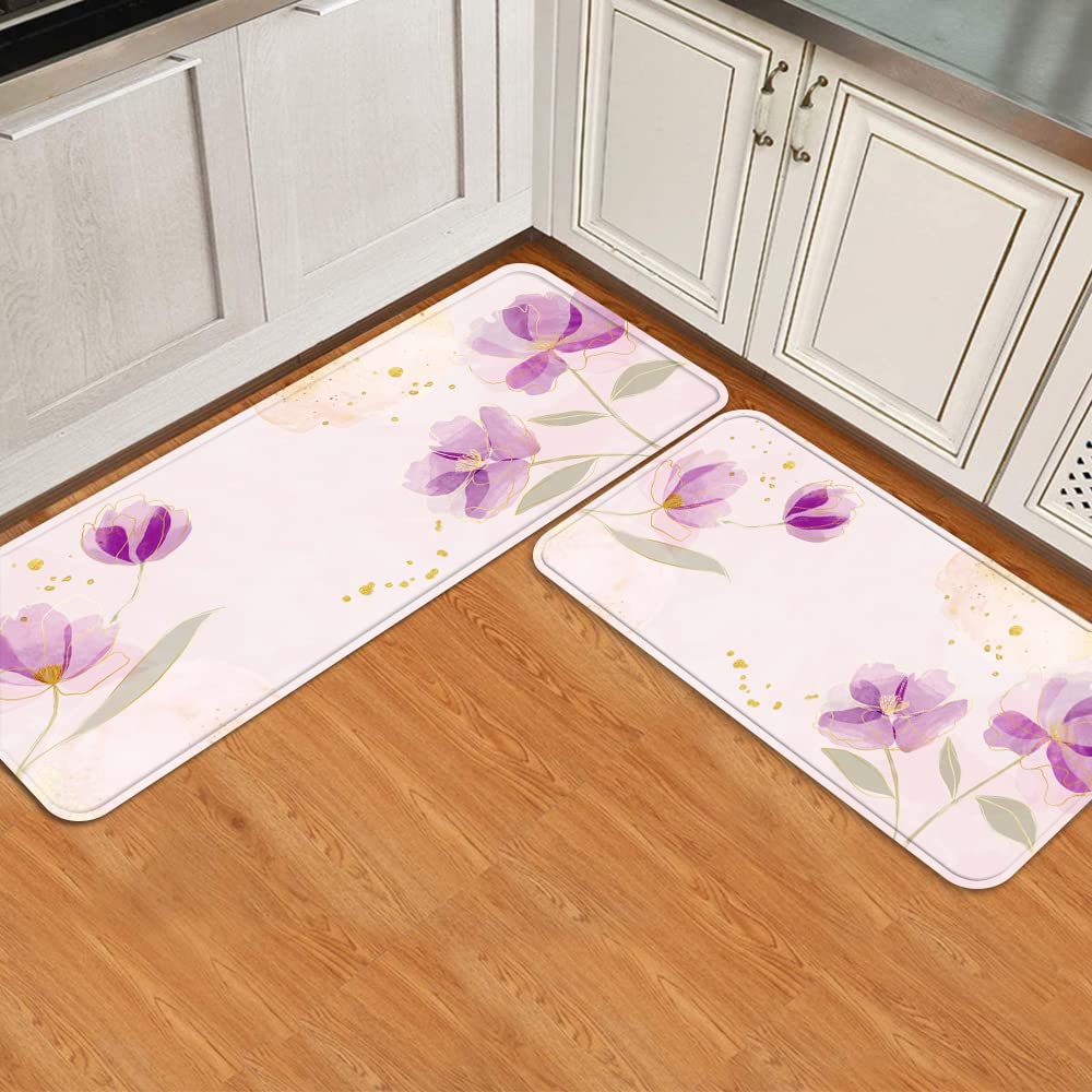 Anti-Fatigue Kitchen Mats Set - Non-Slip Watercolor Floral Design with Leaves & Trees - Easy Clean Standing Floor Rug for Kitchen, Laundry, Bathroom & Office (17.8