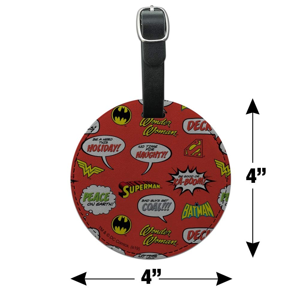 Justice League Superhero Speech Bubbles Pattern Round Leather Luggage Tag - Comic Book Inspired Travel ID Card Holder for Suitcases, Backpacks & Carry-On Bags
