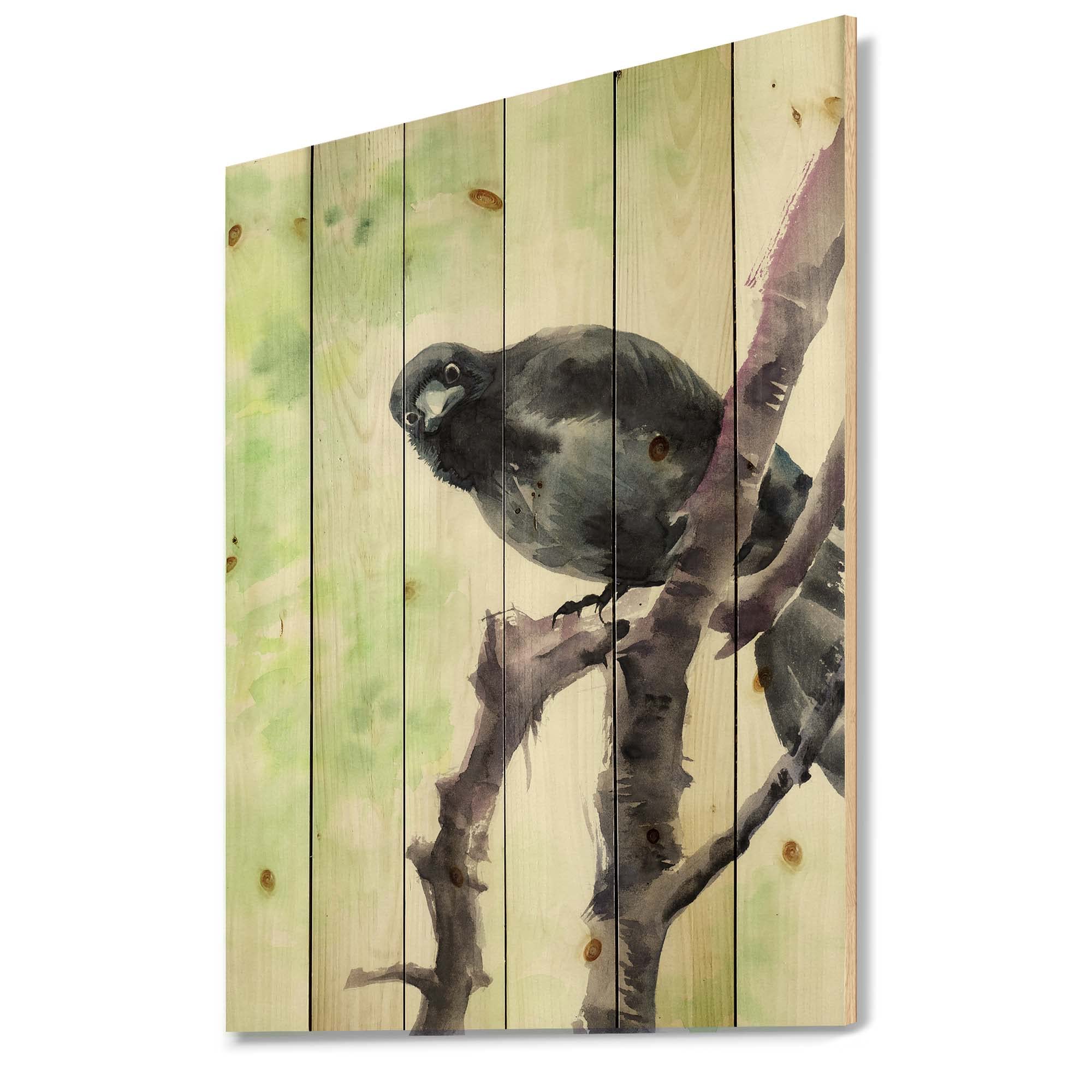 DesignQ Traditional Wood Wall Decor - Curious Crow on Branch Green Wood Art, Large Animal Wall Panel Printed on Natural Pine - Perfect for Living Room, Bedroom & Farmhouse Decor