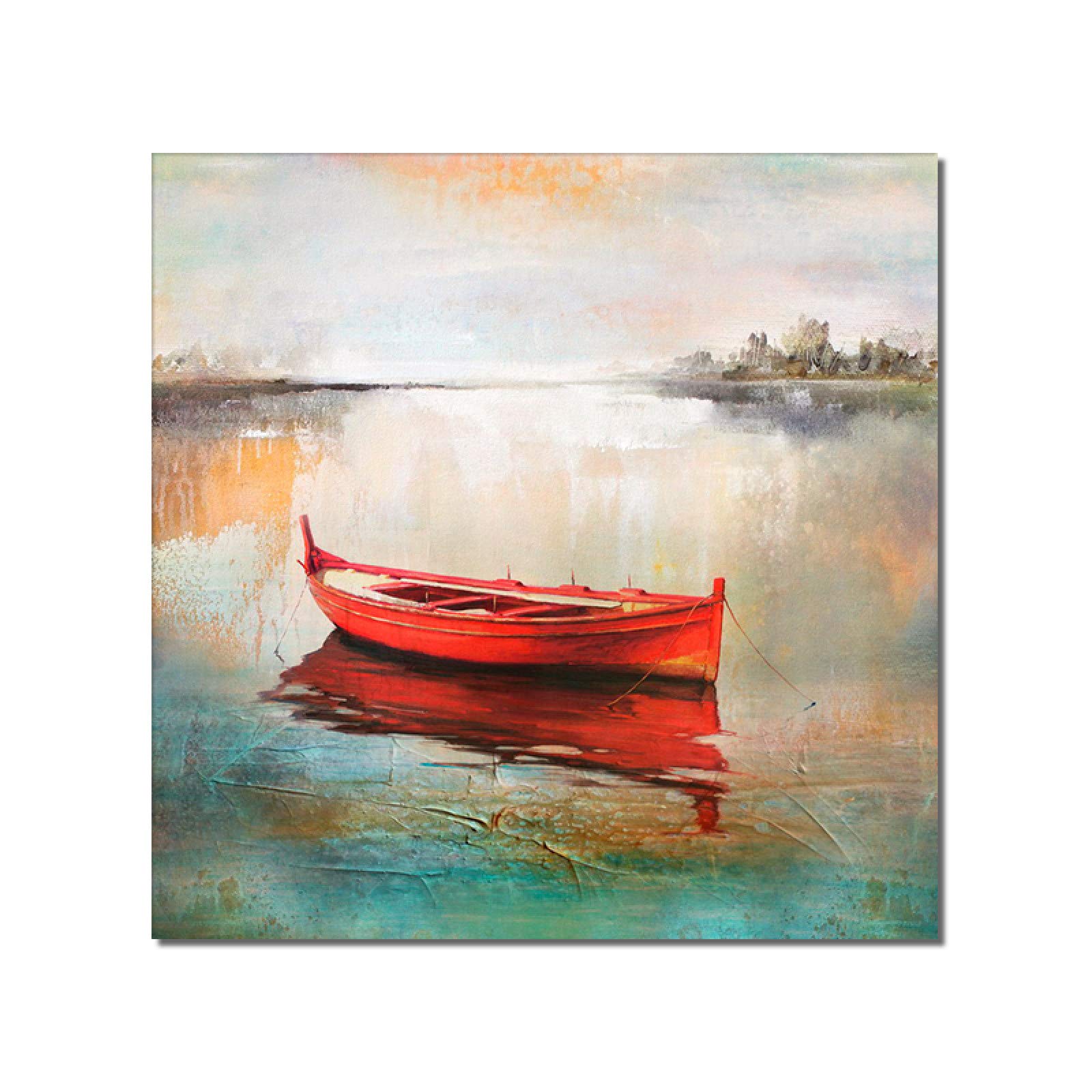 Hand Painted Abstract Oil Painting on Canvas - Red Boats on the River - 50×50cm Modern Wall Art for Living Room, Bedroom & Office Decor - 100% Handmade Canvas Painting - Perfect for Home & Office Decoration