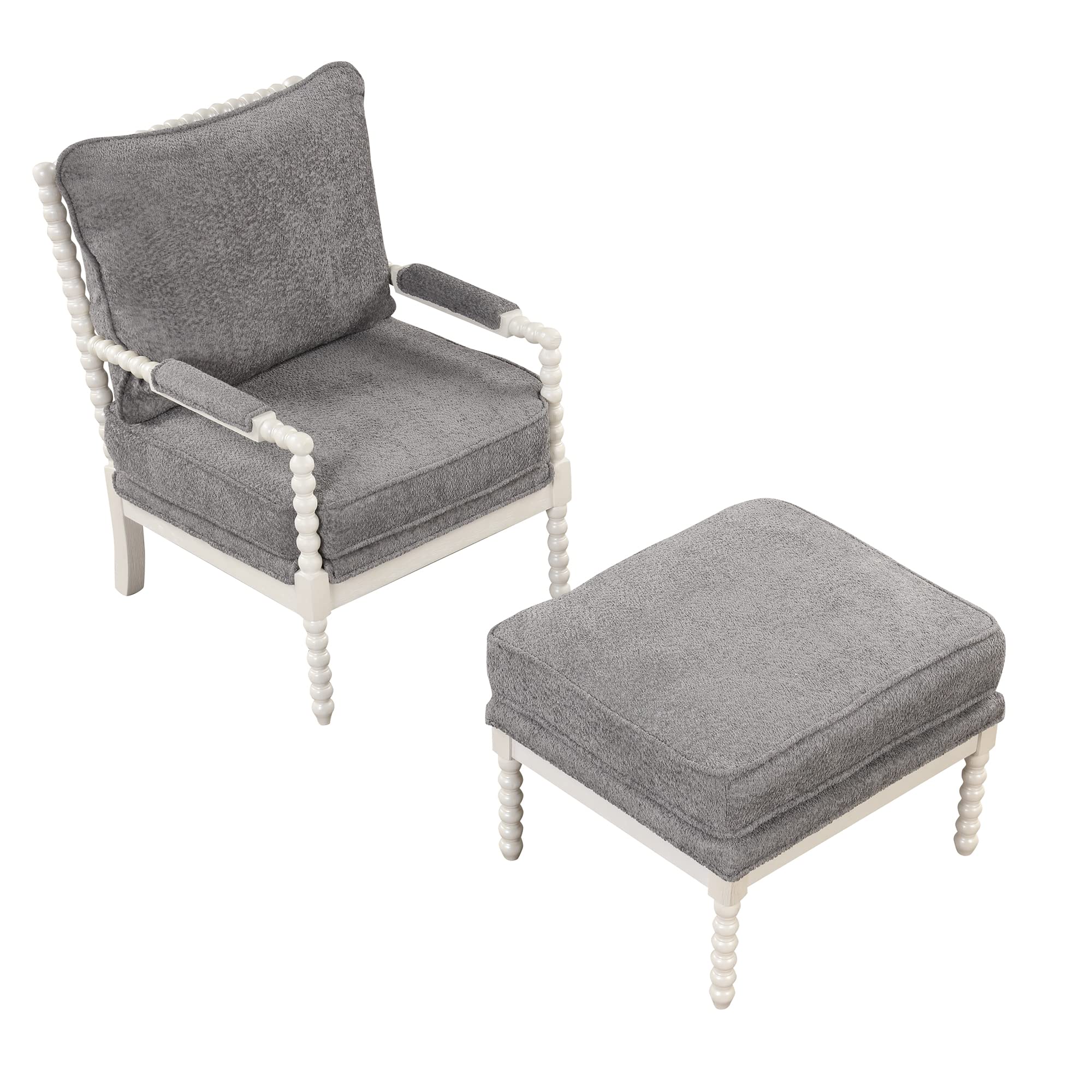 Modern Velvet Accent Chair with Ottoman - Tufted Armchair with Footrest, Lounge & Reading Chair for Small Spaces - Living Room, Bedroom, Office Decor (White + Gray 009) | Cozy Seating for Relaxing, Reading & Entertaining Guests