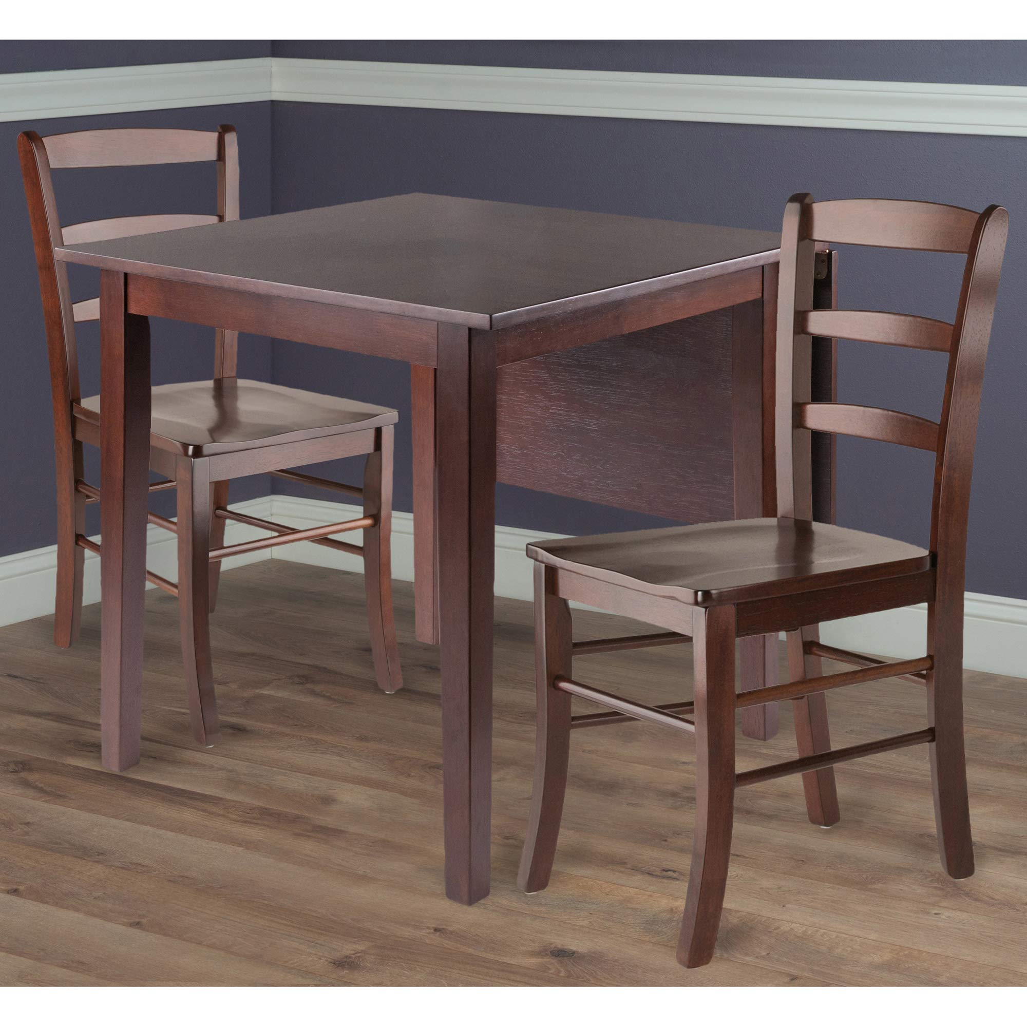 Modern Walnut Wood Drop Leaf Dining Table Set with 3 Ladder Back Chairs - 48.25