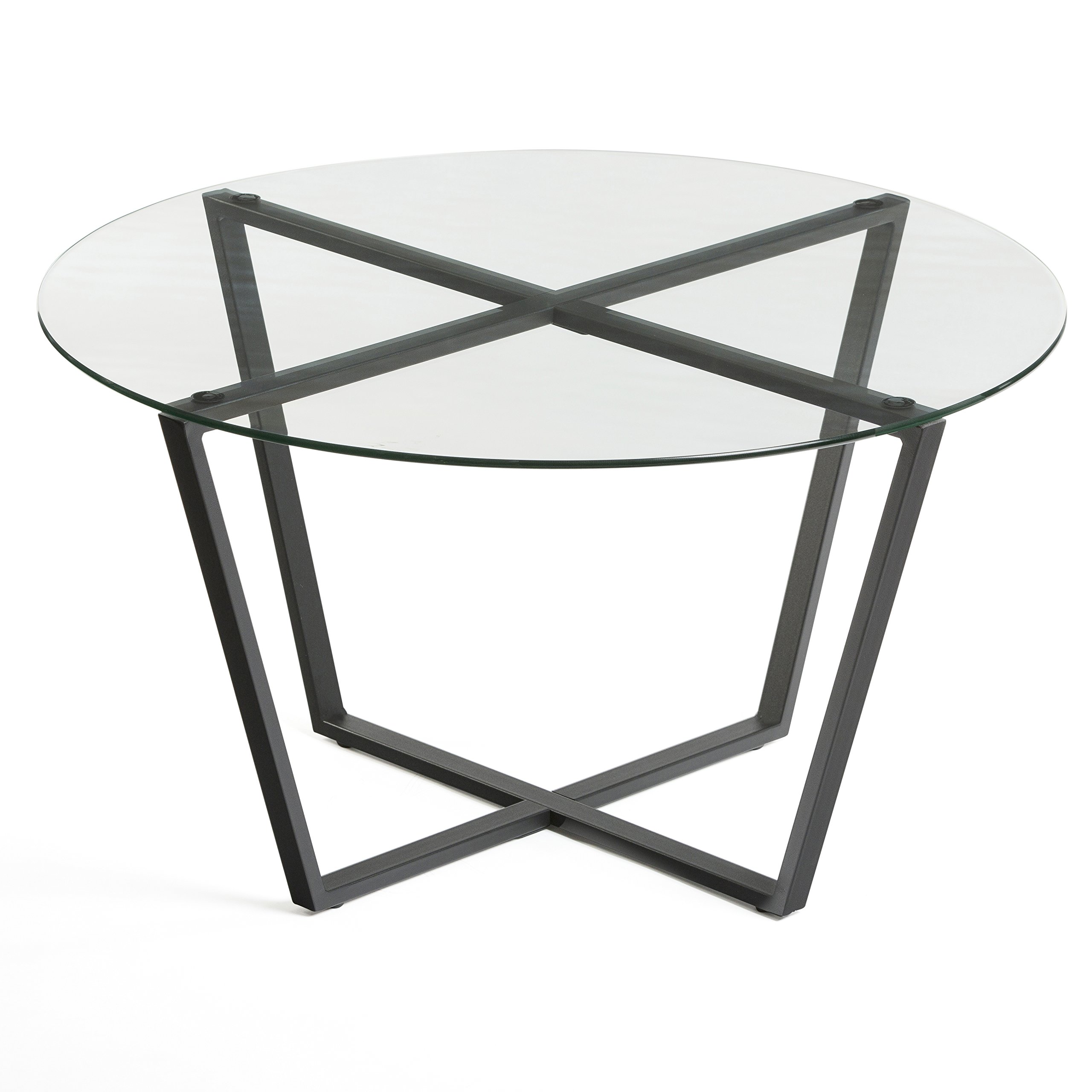 Modern Mango Wood Round Glass Coffee Table with Steam Bent Legs - Clear Tempered Glass Top & Black Metal Base for Living Room, Dining Room, Office - Perfect for Small Spaces, Lounge Areas & Contemporary Home Decor
