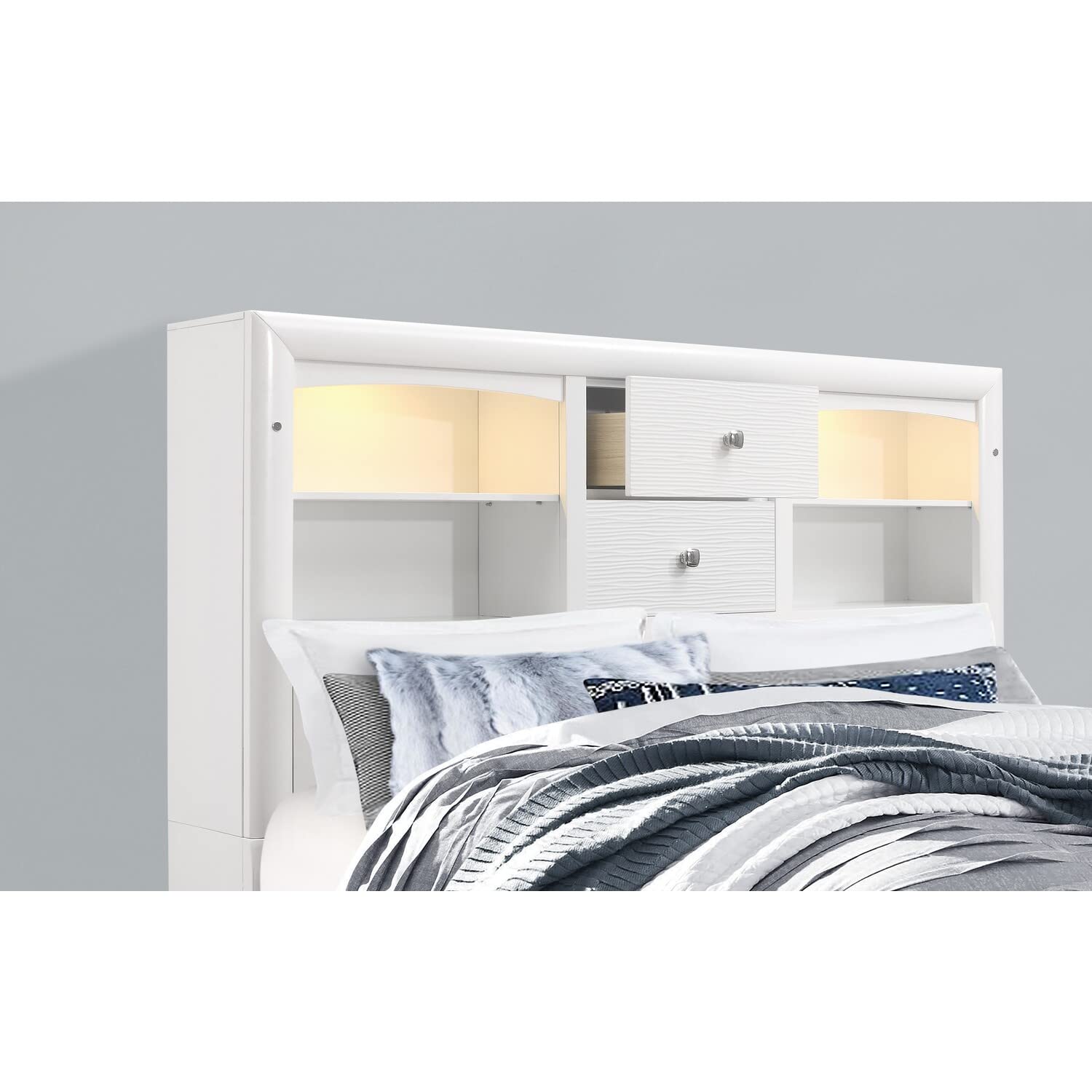 Jordyn Textured White King Size Storage Bed with Headboard - Modern Bedroom Furniture for Small Spaces & Master Suites - Global Furniture USA WH-KB