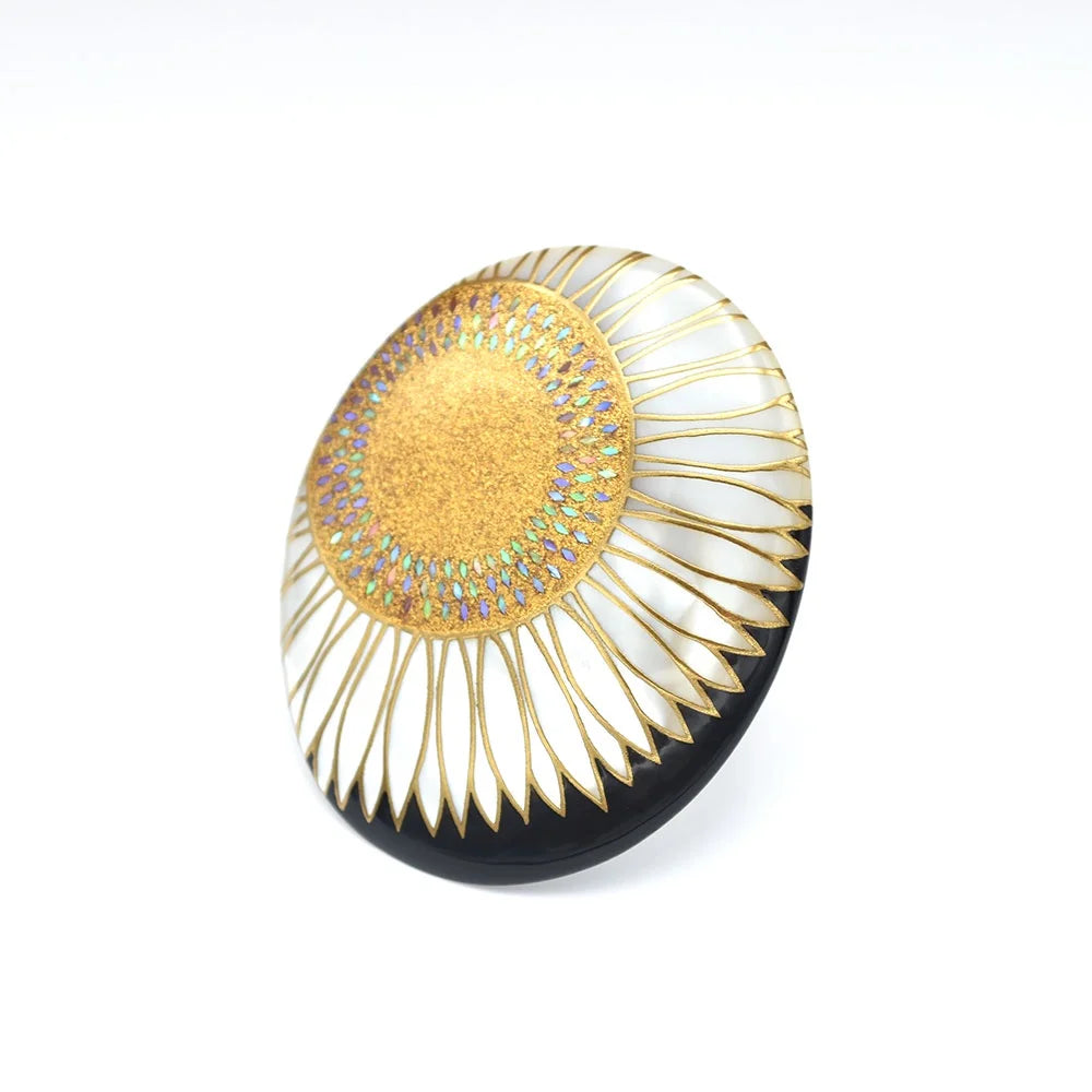 Handcrafted Maki-e Urushi Lacquer Brooch with White South Sea Pearl Shell & Sunflower Design - Traditional Japanese Lacquer Jewelry for Women, Gift, Wedding & Special Occasions