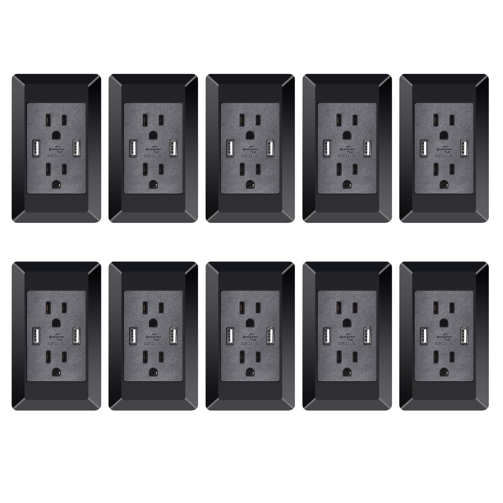 NineLeaf 2A Fast USB Charger Outlet - 15A Duplex Receptacle with Dual USB Ports & Screwless Wall Plate (10 Pack, Black) - Perfect for Home, Office & Hotel Charging Stations