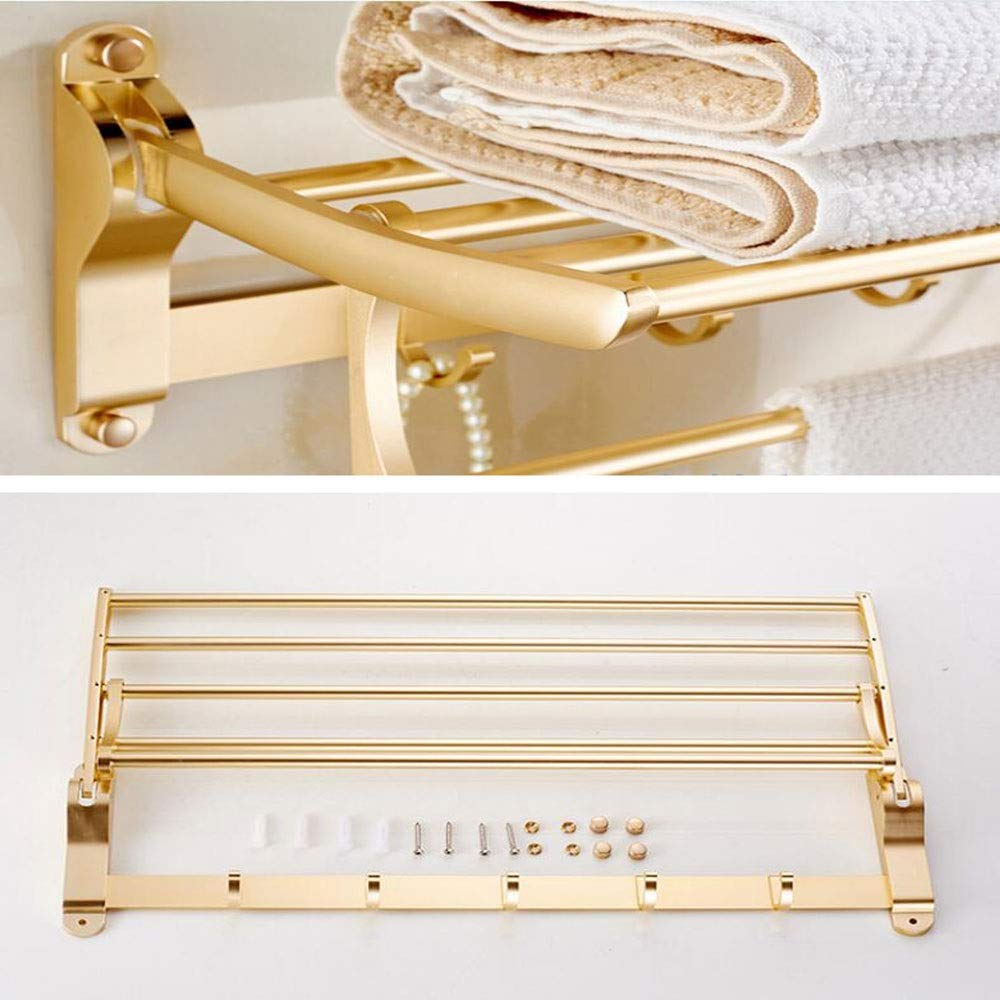 Multi-Function Bathroom Shelf - Space-Saving Aluminum Shower Towel Holder with 4 Hooks, Wall Mounted Double Layer Foldable Rustproof Shelves for Bathroom & Hotel (Gold) - Perfect for Small Spaces, Apartment Living & Luxury Hotel Bathrooms