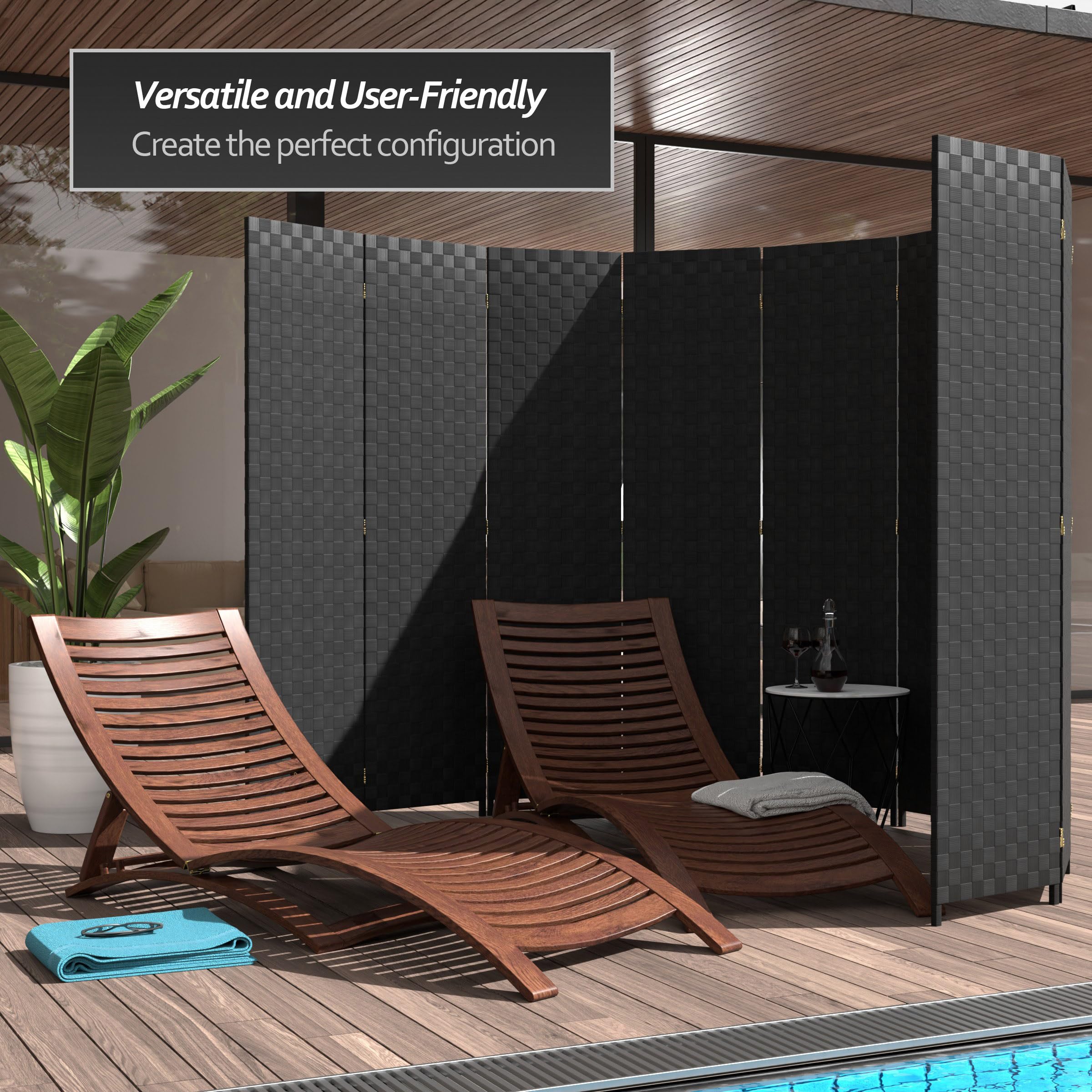 6 ft Tall Black Woven Fiber Outdoor Room Divider - All Weather 3 Panel Red Lantern Design for Patio, Garden, and Backyard Privacy