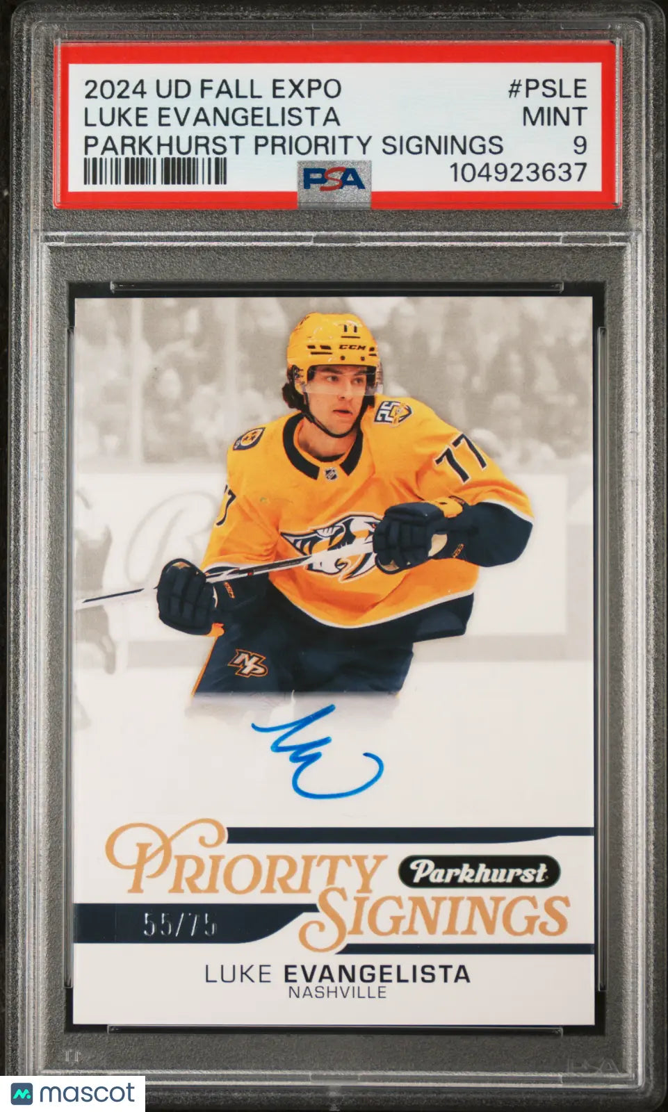 2024 Upper Deck Fall Expo Parkhurst Priority Signings Auto Luke Evangelista PSA 9/75 - Rare Hockey Trading Card for Collectors & Sports Memorabilia Enthusiasts