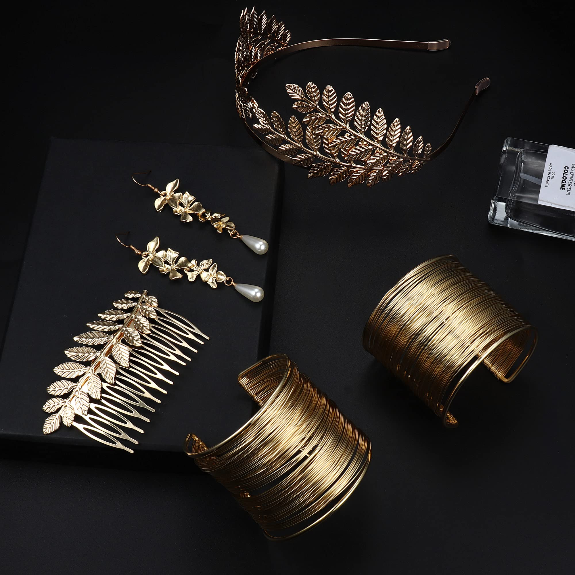 FUNRUN JEWELRY 6Pcs Greek Goddess Costume Accessories Set - Gold Leaf Headband, Bracelet, Armband & Laurel Crown for Women | Bridal Wedding Headpiece, Themed Parties & Cosplay
