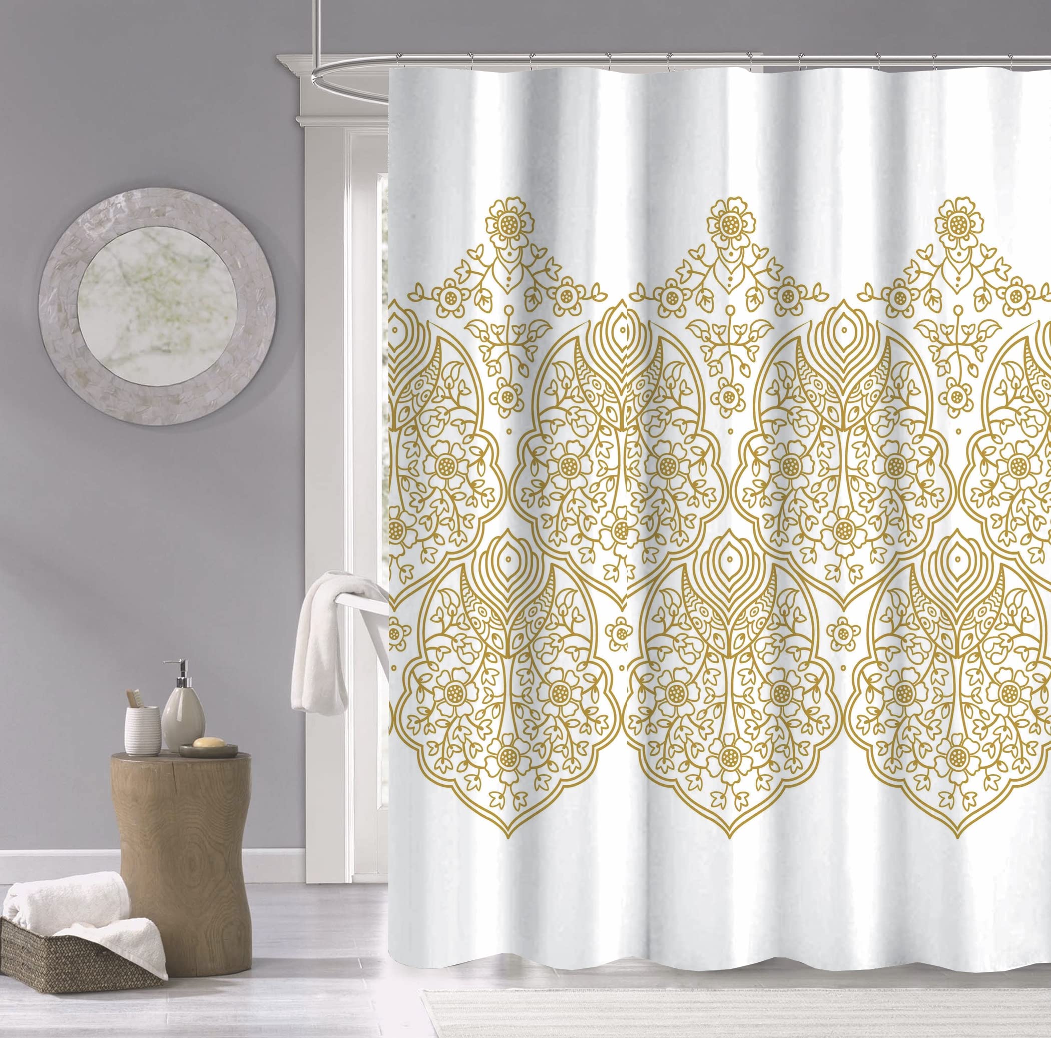Luxury Cotton Shower Curtain 70x72 Inches - Water Resistant, Machine Washable Bathroom Curtain with Elegant Palace Gold Printed Design - Soft Textured Fabric for Stylish Modern Bathrooms - Perfect for Master Bath, Guest Bath & Spa Retreats