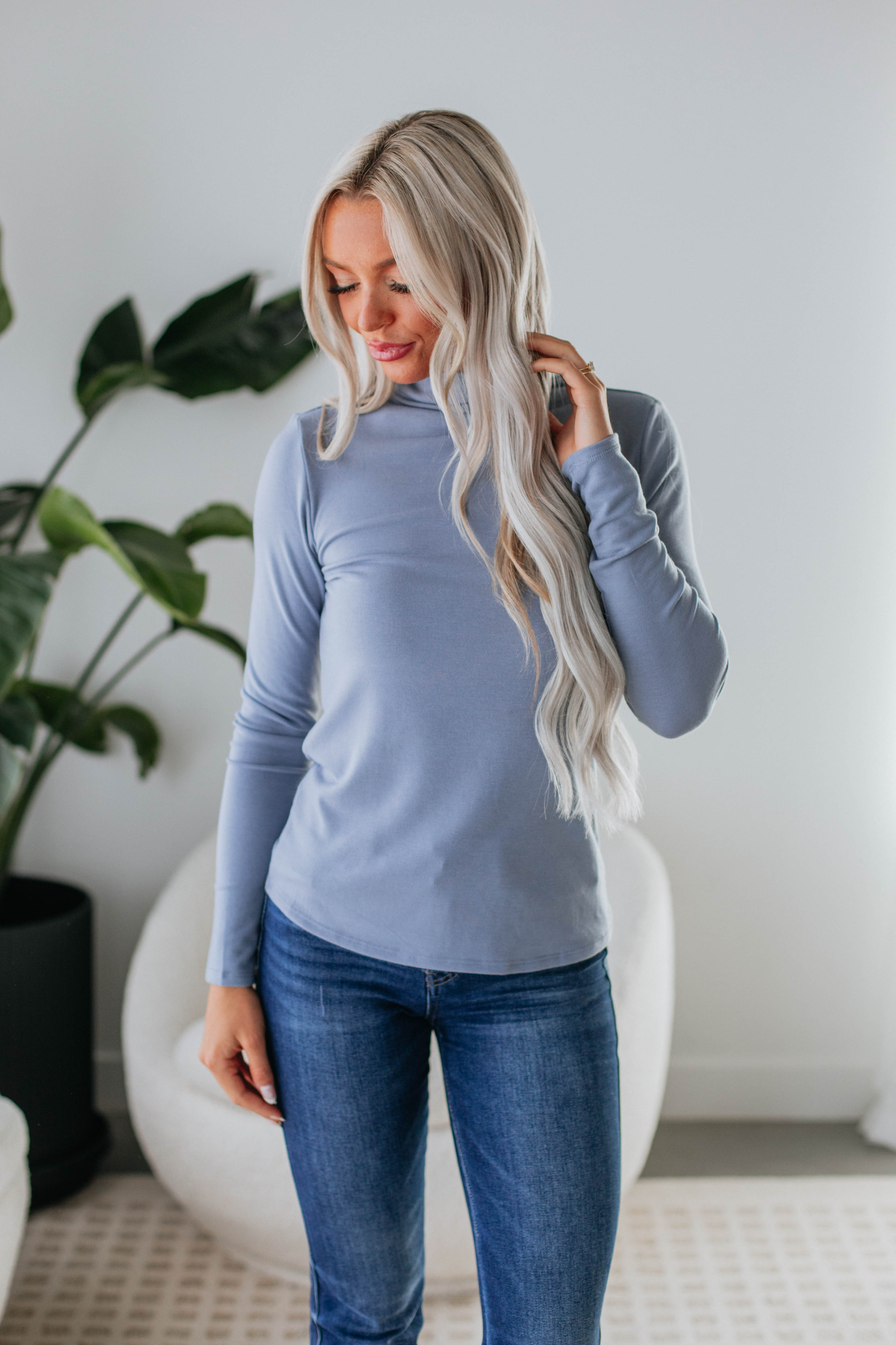 Vintage Blue Cene Mock Neck Top - Stylish Women's Casual Shirt for Everyday Wear, Office & Date Night Outfits