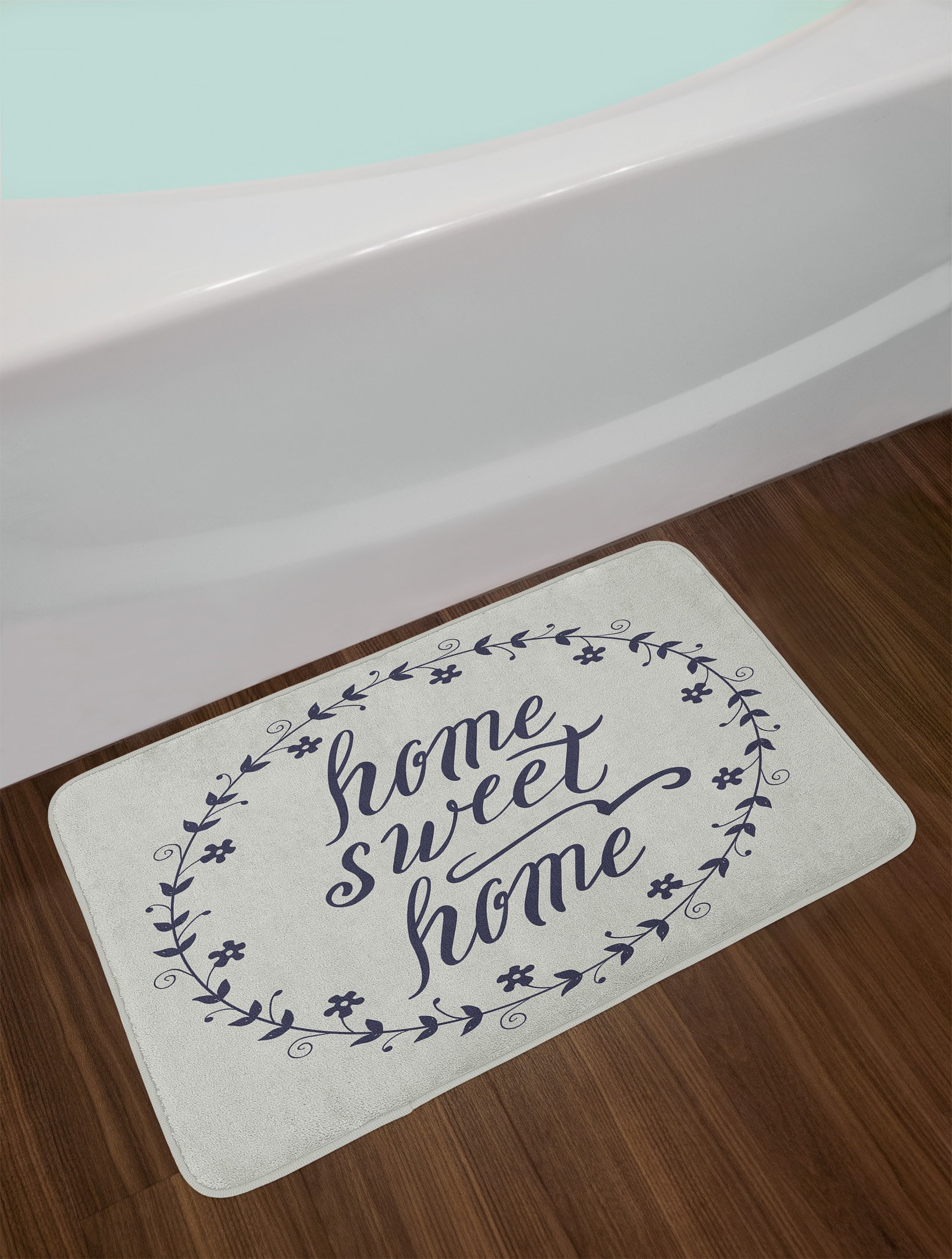 Ambesonne Non-Slip Plush Bath Mat with Floral Design & Handwritten Quote, 30.2 x 20 Inches, Pale Taupe & Dark Blue - Soft Bathroom Rug for Cozy Home Decor, Perfect for Bathrooms, Bedrooms & Vanities