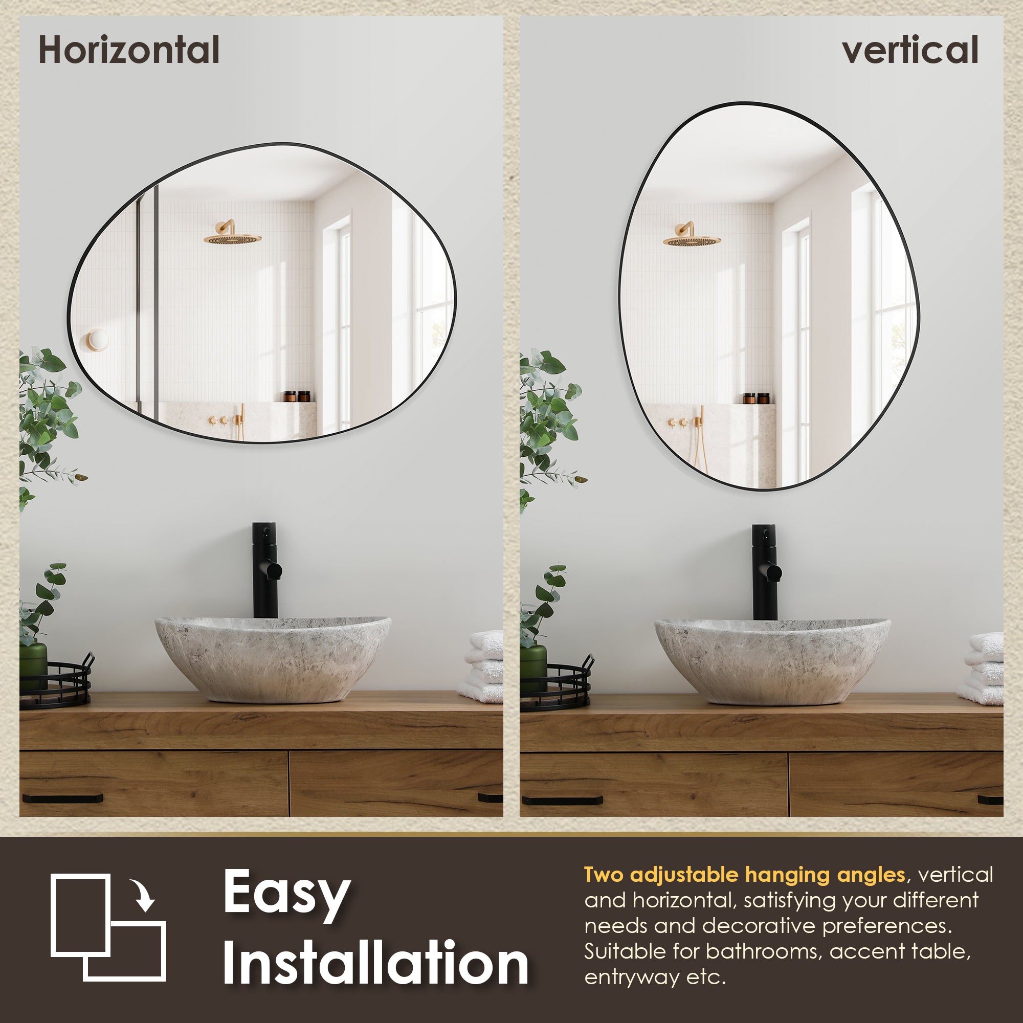 28x36 Irregular Aluminum Framed Bathroom Wall Mirror - Modern Aura Design for Vanity, Powder Room & Home Decor