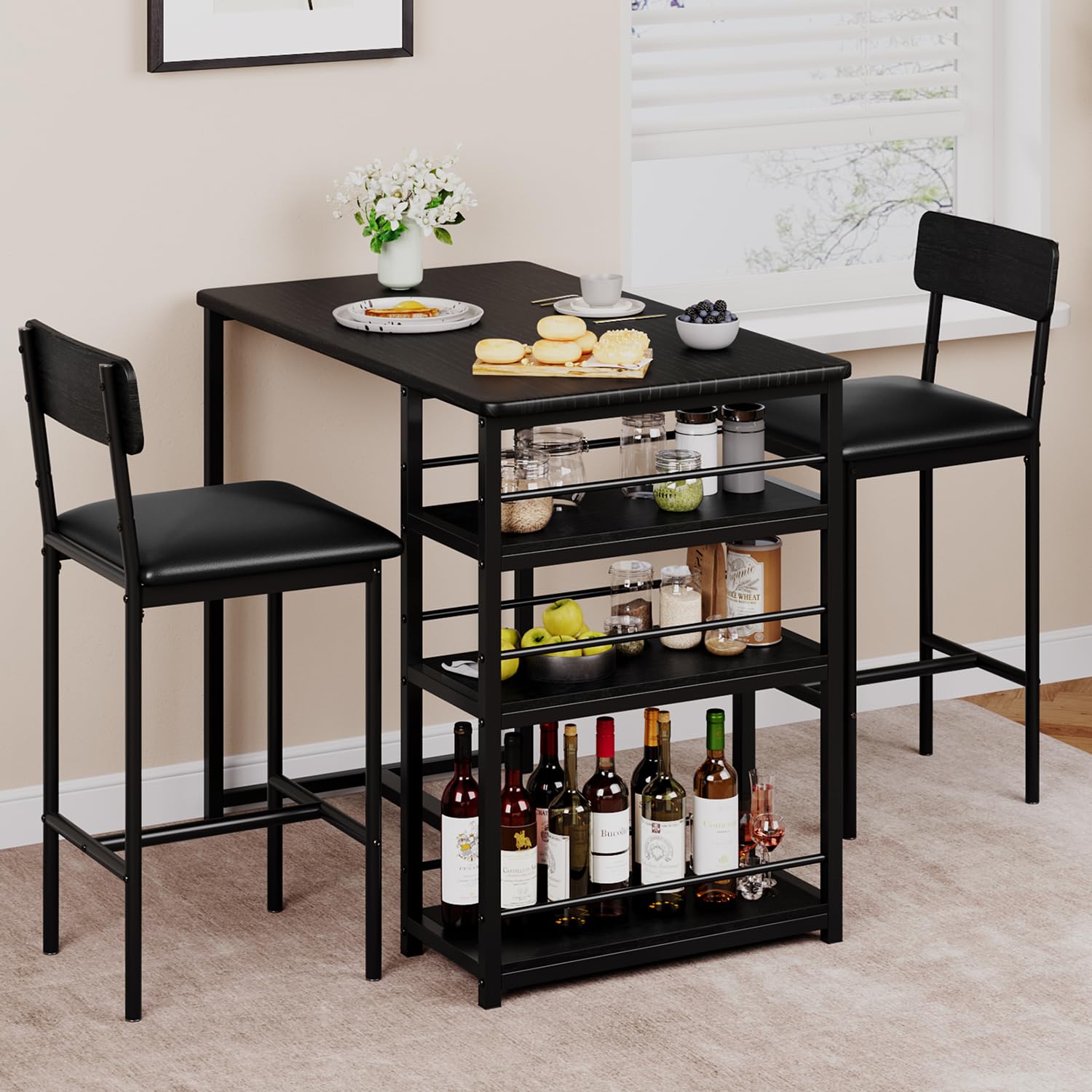 IDEALHOUSE 3-Piece Kitchen Table Set with 2 Upholstered Chairs - Rustic Black Dining Table for Small Spaces, Apartments, Breakfast Nooks & Pubs - Perfect for Compact Homes, Studio Apartments & Cozy Dining Areas
