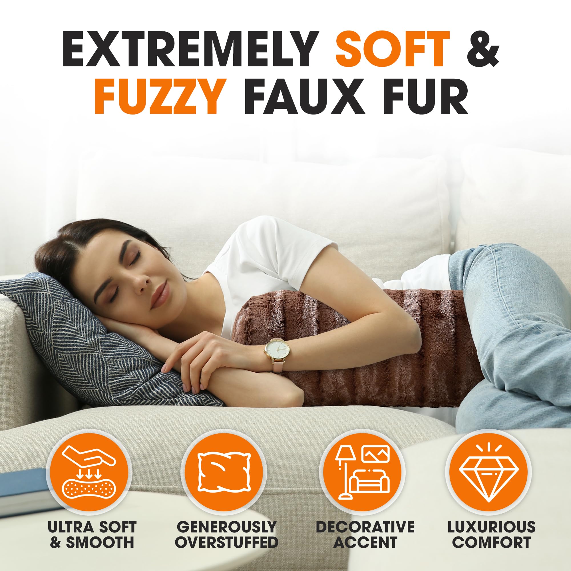 Cheer Collection Faux Fur Cylinder Pillows - 8” x 24” Decorative Bolster Pillows for Bed & Couch, Machine Washable (2pk, Choco) - Perfect for Living Room Sofa, Bedroom Decor & Home Accent