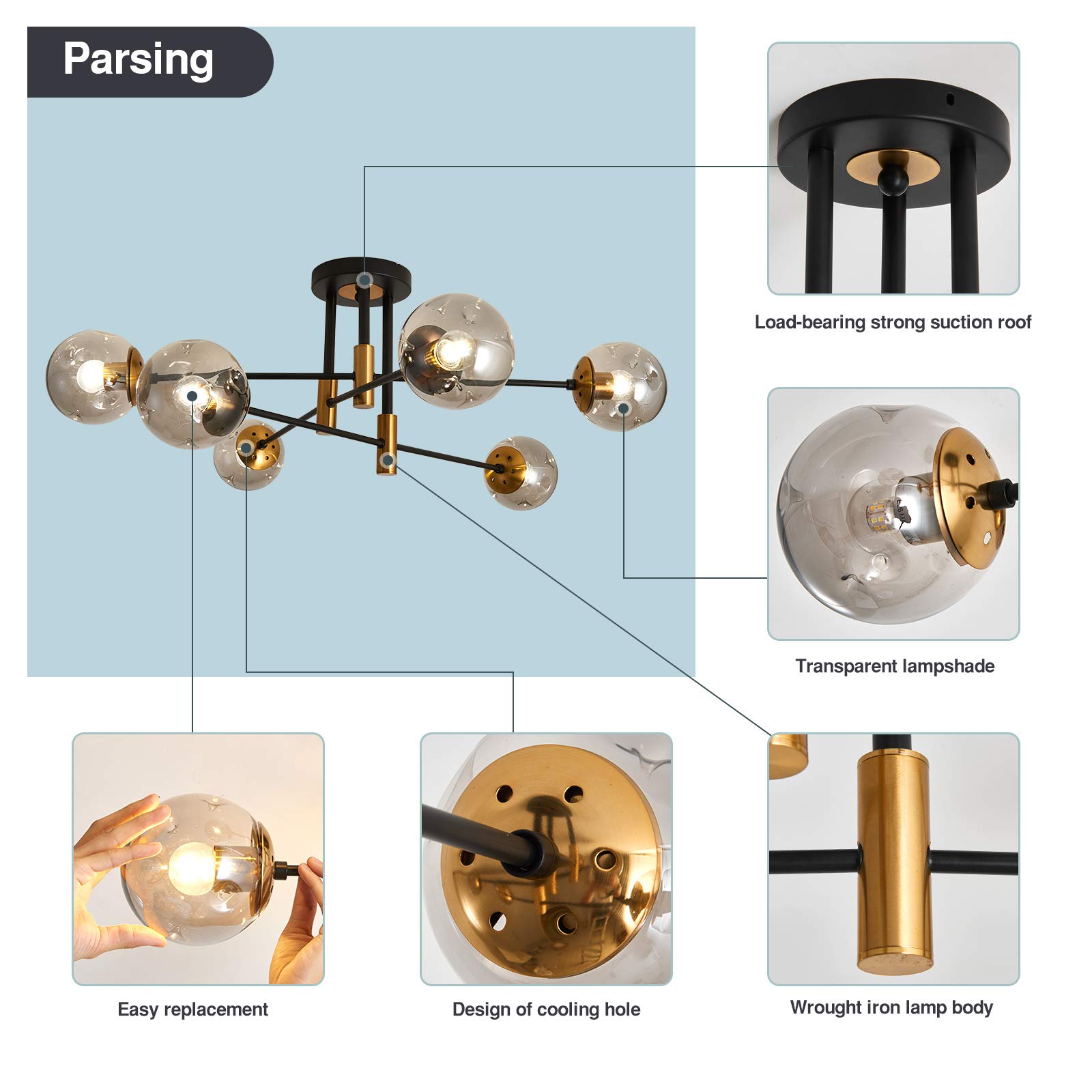 Modern 6-Light Glass Chandelier - Farmhouse Flush Mount Ceiling Light for Dining Room & Living Room