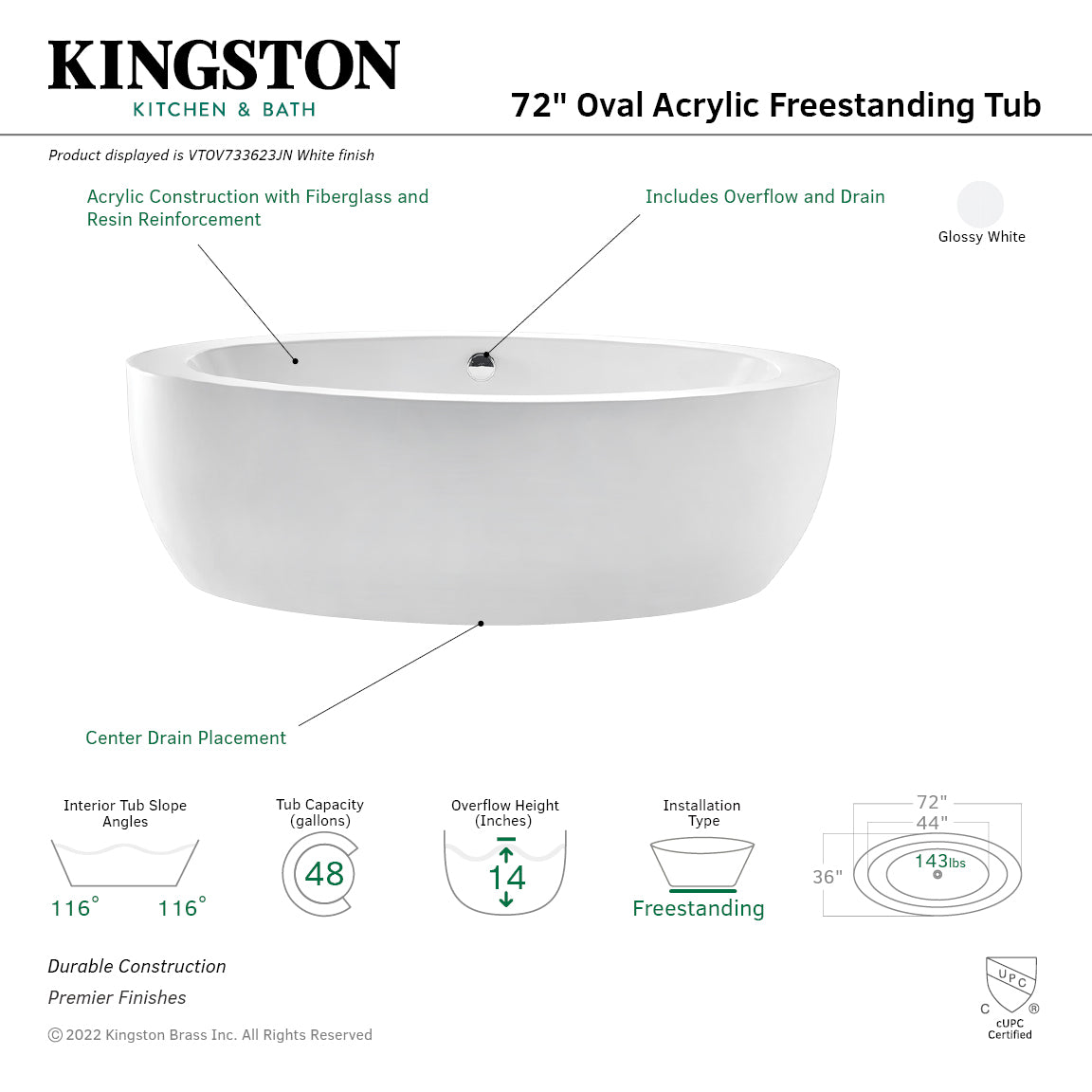 Aqua Eden 72 Inch Acrylic Oval Freestanding Bathtub - Double Ended Soaking Tub with Drain, Glossy White Finish | Perfect for Luxury Bathrooms & Spa Retreats
