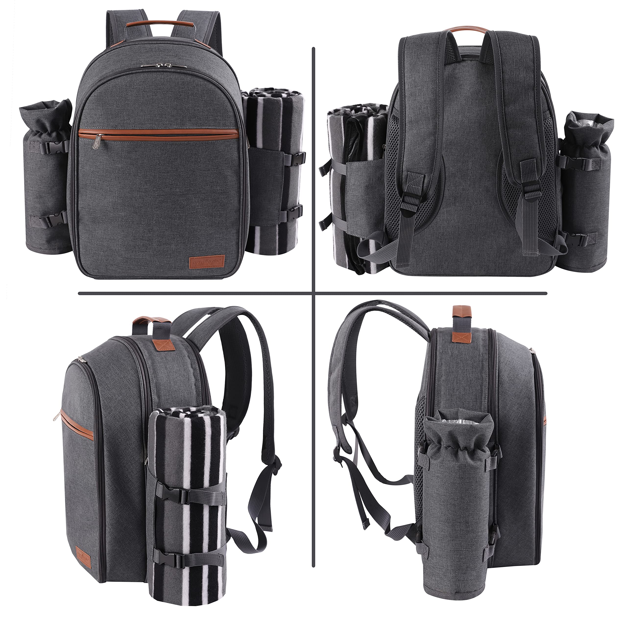 Apollo Walker 2 Person Picnic Backpack Set with Insulated Cooler Compartment, Removable Wine Bottle Holder, Soft Fleece Blanket & Complete Cutlery Kit - Perfect for Outdoor Picnics, Beach Trips and Camping (Dark Gray)