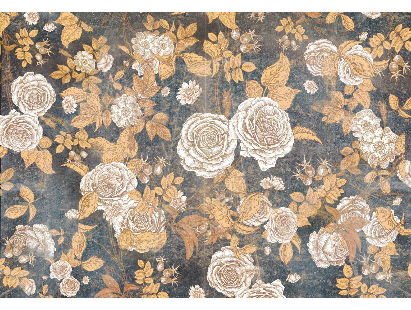 Gold & Blue English Roses Mural Wallpaper M1212 - Vintage Floral Peel and Stick Wallpaper for Bedroom, Living Room, Nursery Decor