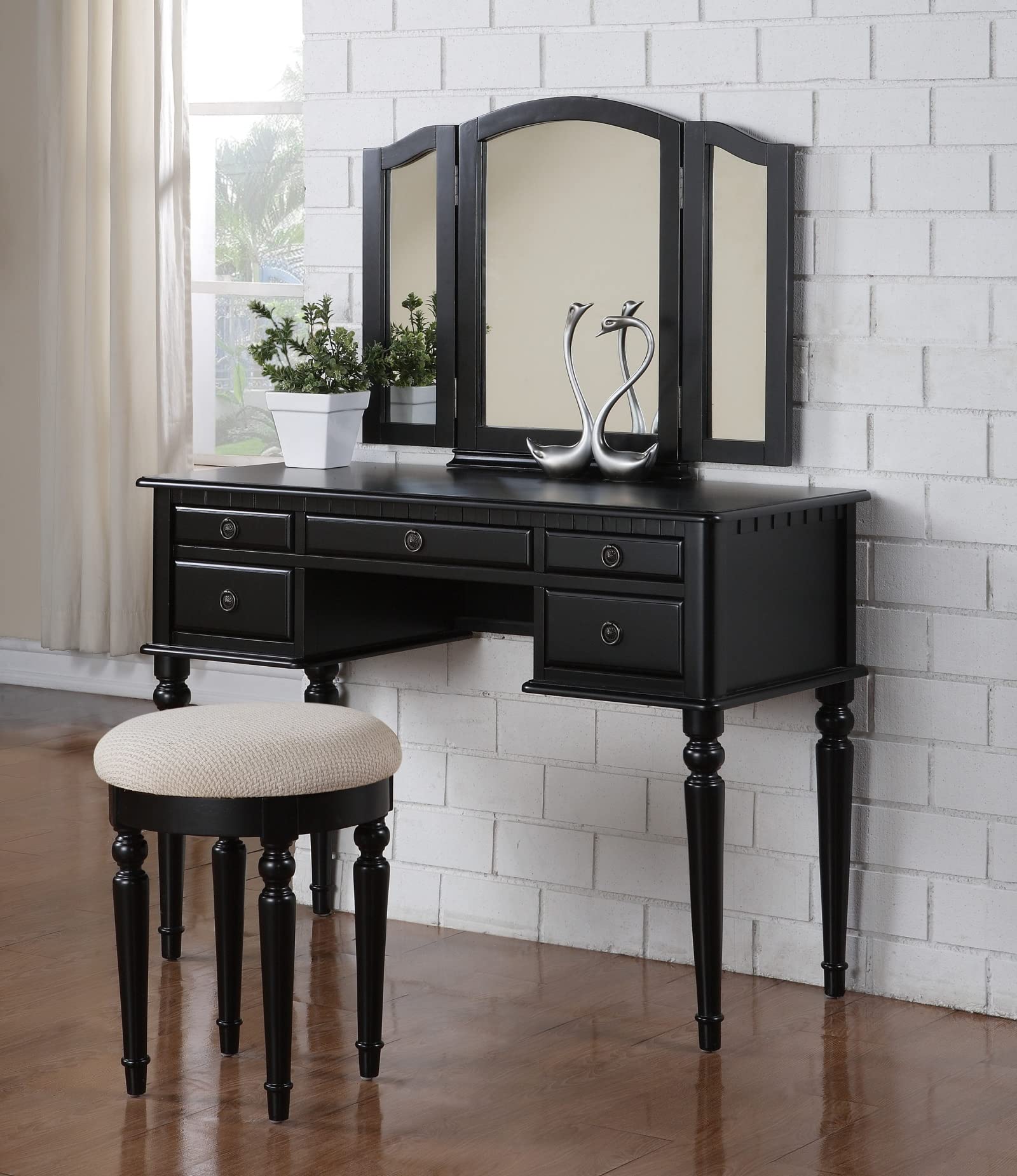 Antique Vanity Set with Stool & Mirrors - Vintage Makeup Dressing Table with Drawers & Stool for Bedroom, Boudoir, or Bridal Suite - Elegant Vanity Furniture for Women & Girls