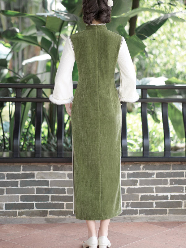 Elegant Green Chenille Winter QiPao Cheongsam Dress for Women - Vintage Chinese Style Evening Gown - Perfect for Holiday Parties, Weddings & Special Occasions