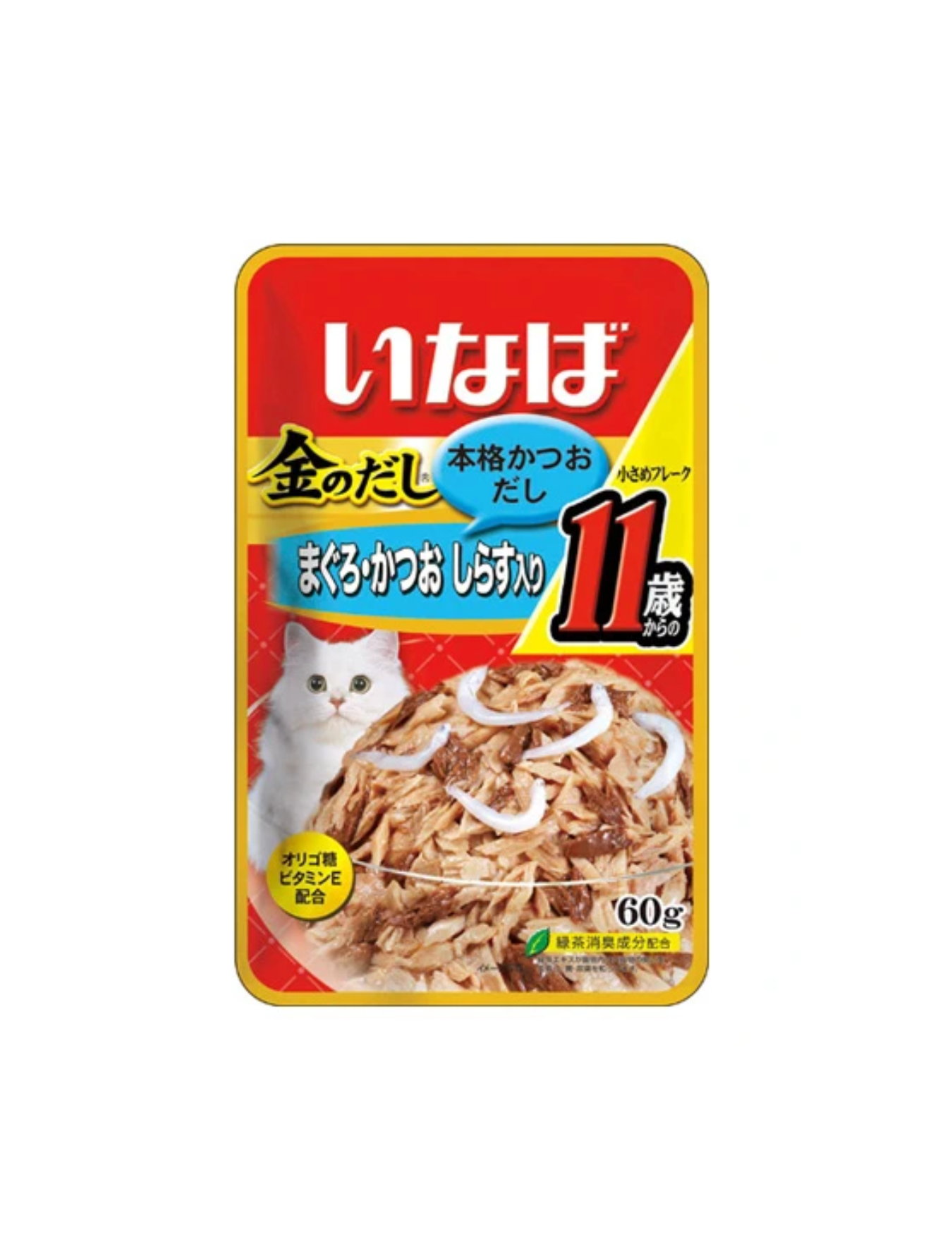 Premium Ciao Golden Stock Pouch - Small Tuna Flakes with Whitebait for Senior Cats 11+ Years (60g) | High-Protein Wet Cat Food for Mature Felines | Perfect for Mealtime, Treats & Weight Management