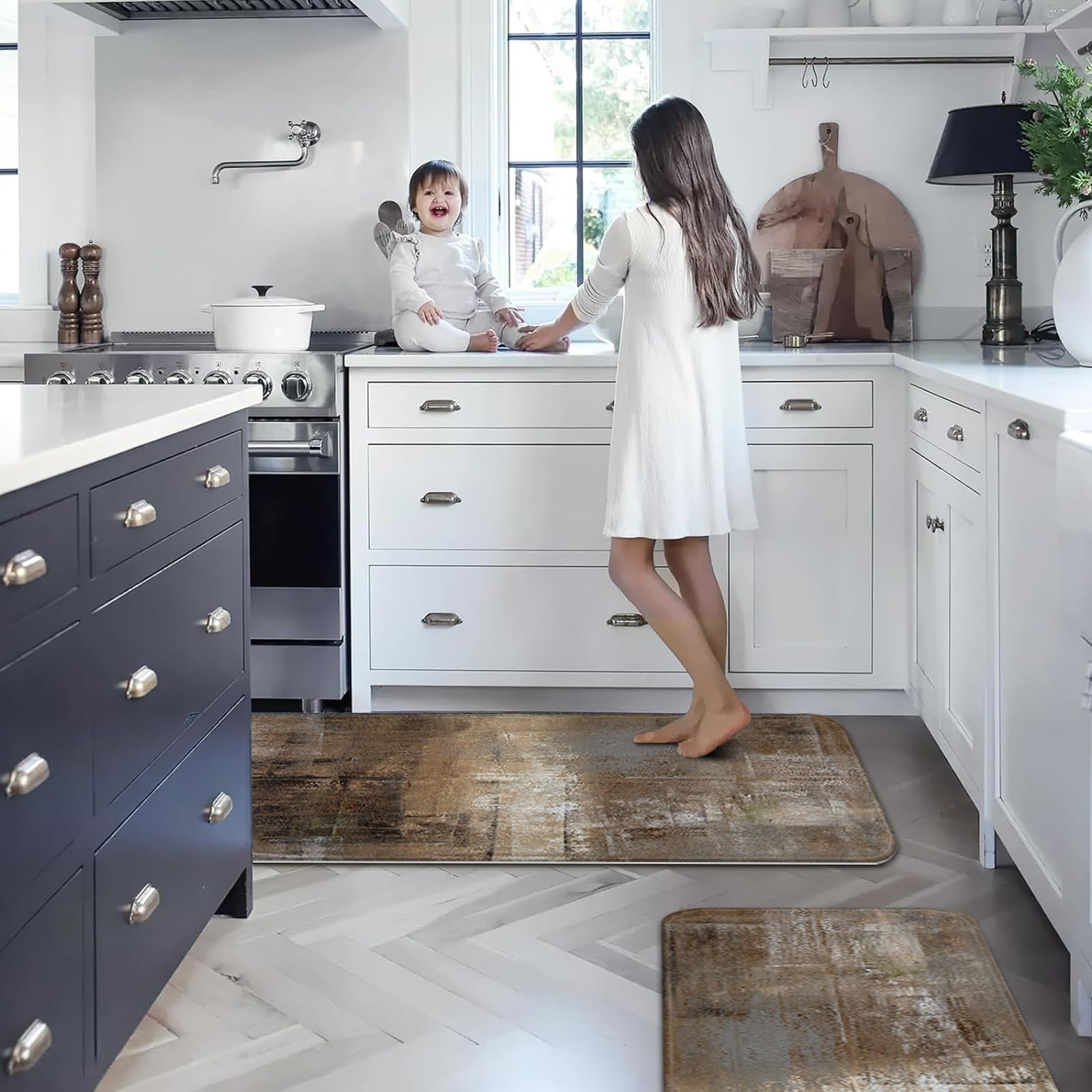 Non-Slip Washable Kitchen Rugs Set - Abstract Art for Dining & Laundry
