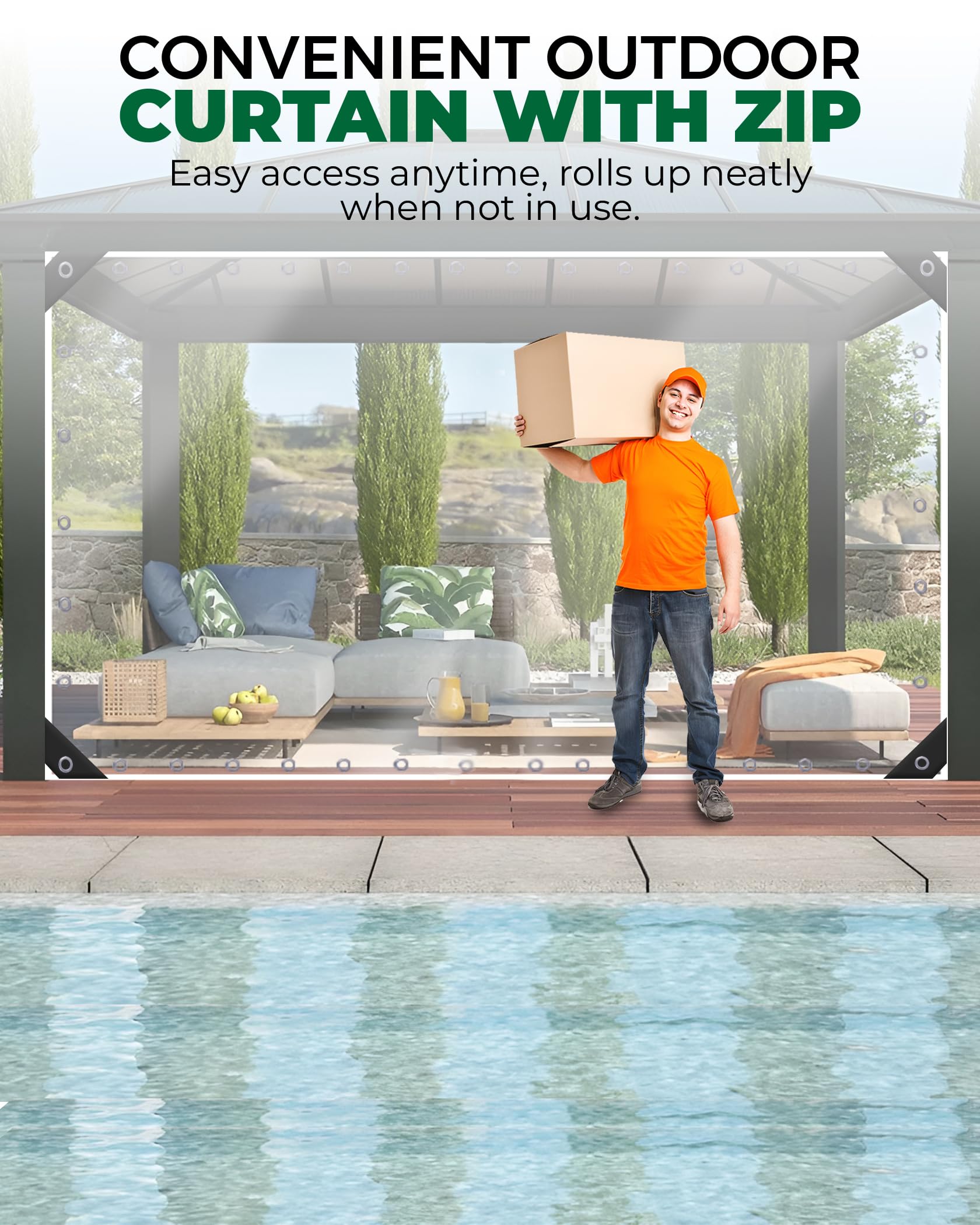 10'x10' Heavy Duty Clear Vinyl Tarp - 19oz Waterproof Outdoor Curtain with Grommets for Patio, Gazebo, Balcony & Pergola | UV Resistant Transparent Enclosure for Sun Protection & Privacy