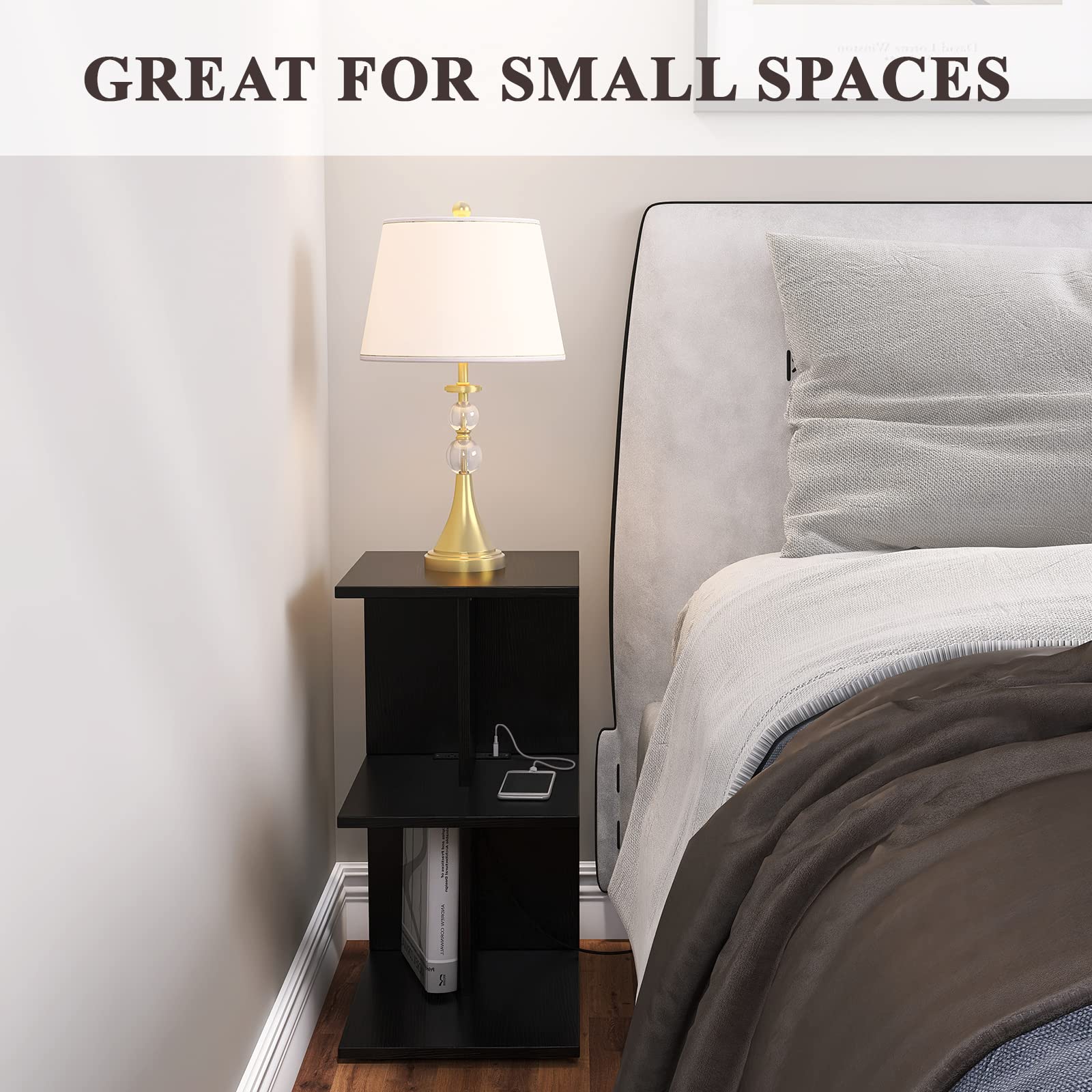ZGREN Narrow End Table with USB Charging Station & Outlets - Slim Rolling Nightstand for Small Spaces, Bedroom, Living Room - Black | Perfect for Bedside, Sofa, Couch & Compact Spaces