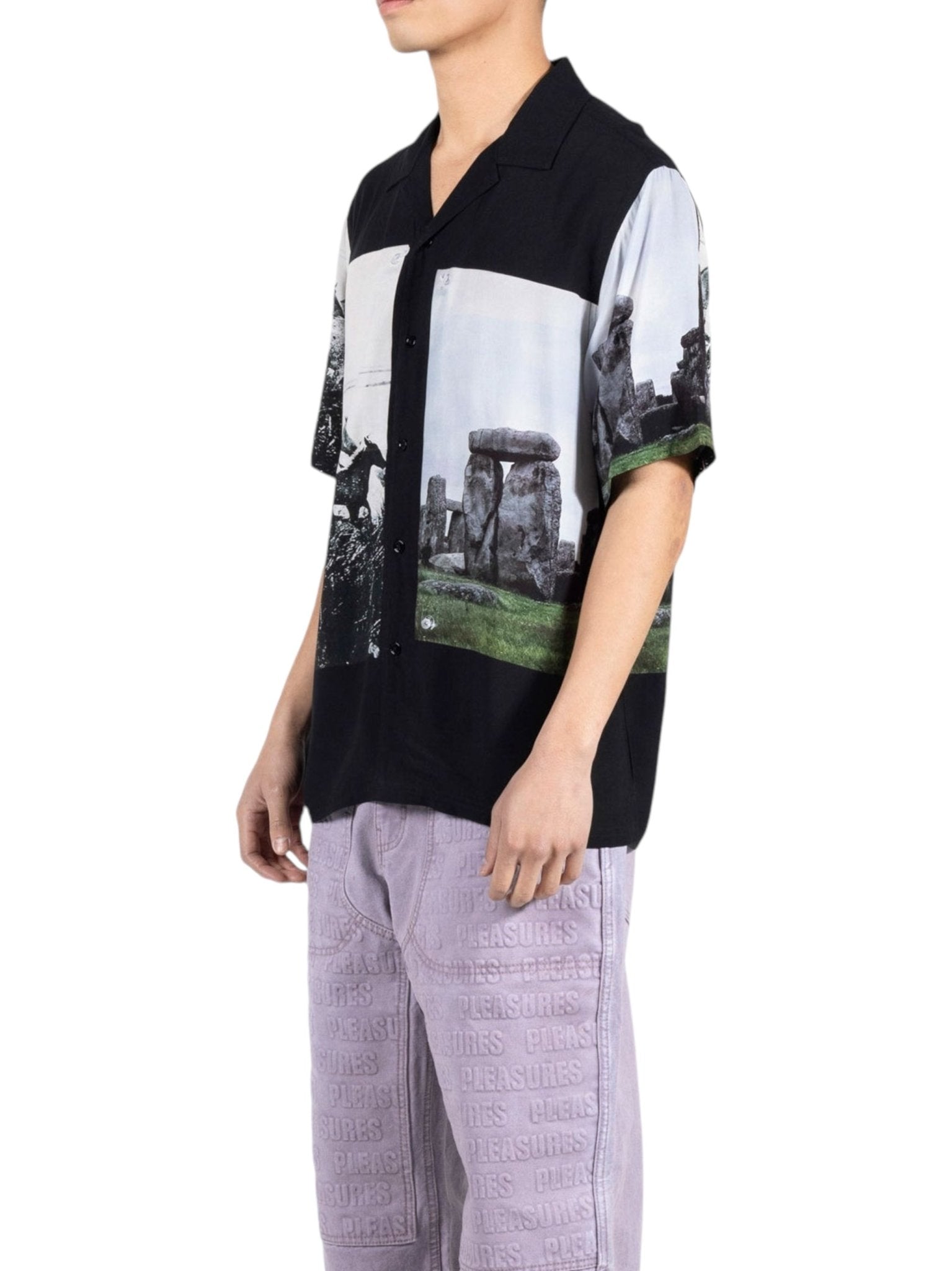 Pleasures Stone Horse Button Down Shirt for Men - Black Casual Long Sleeve Shirt for Streetwear & Everyday Outfits