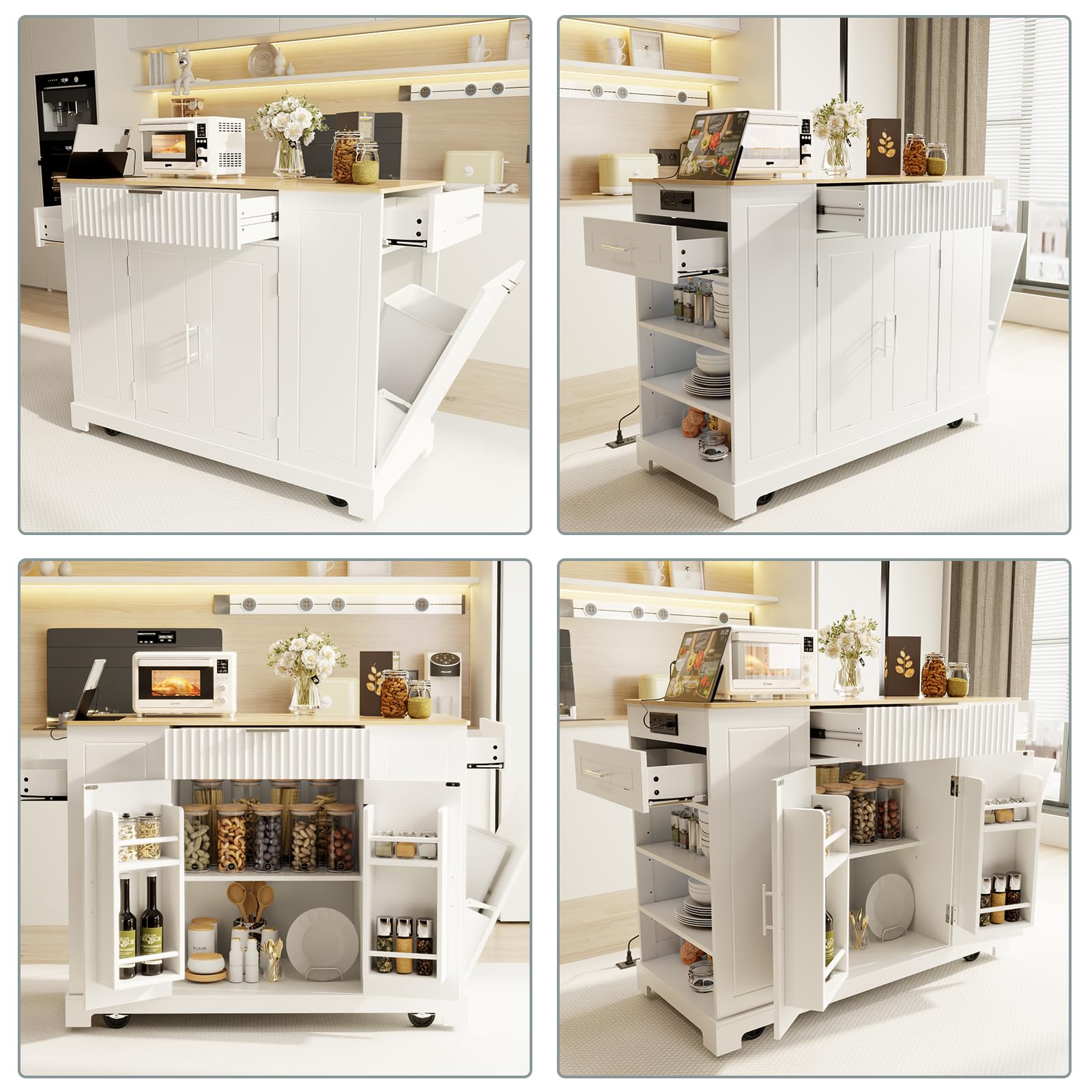 Rovibek White Mobile Kitchen Island Cart with Storage, 3 Drawers & Power Outlet - Rolling Kitchen Organizer with 10-Gallon Trash Can Storage - Perfect for Small Kitchens, Apartments & Outdoor Cooking