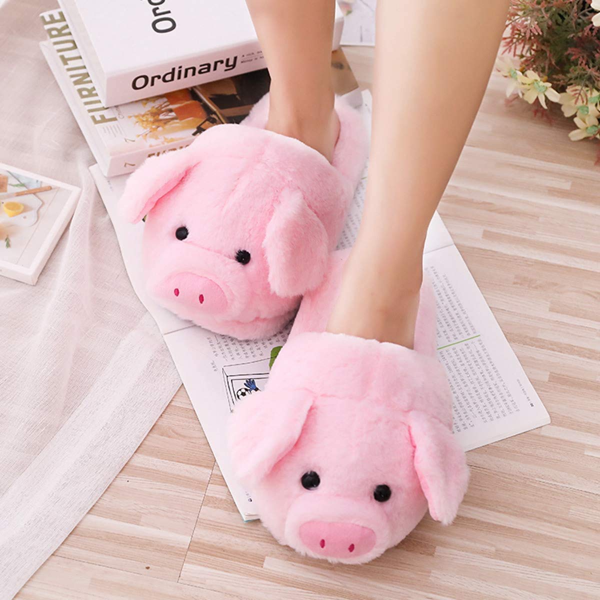 Pink Pig Plush Slippers - Fuzzy Warm Stuffed Animal House Slippers for Women | Cozy Indoor Shoes for Home, Lounge & Gift Giving