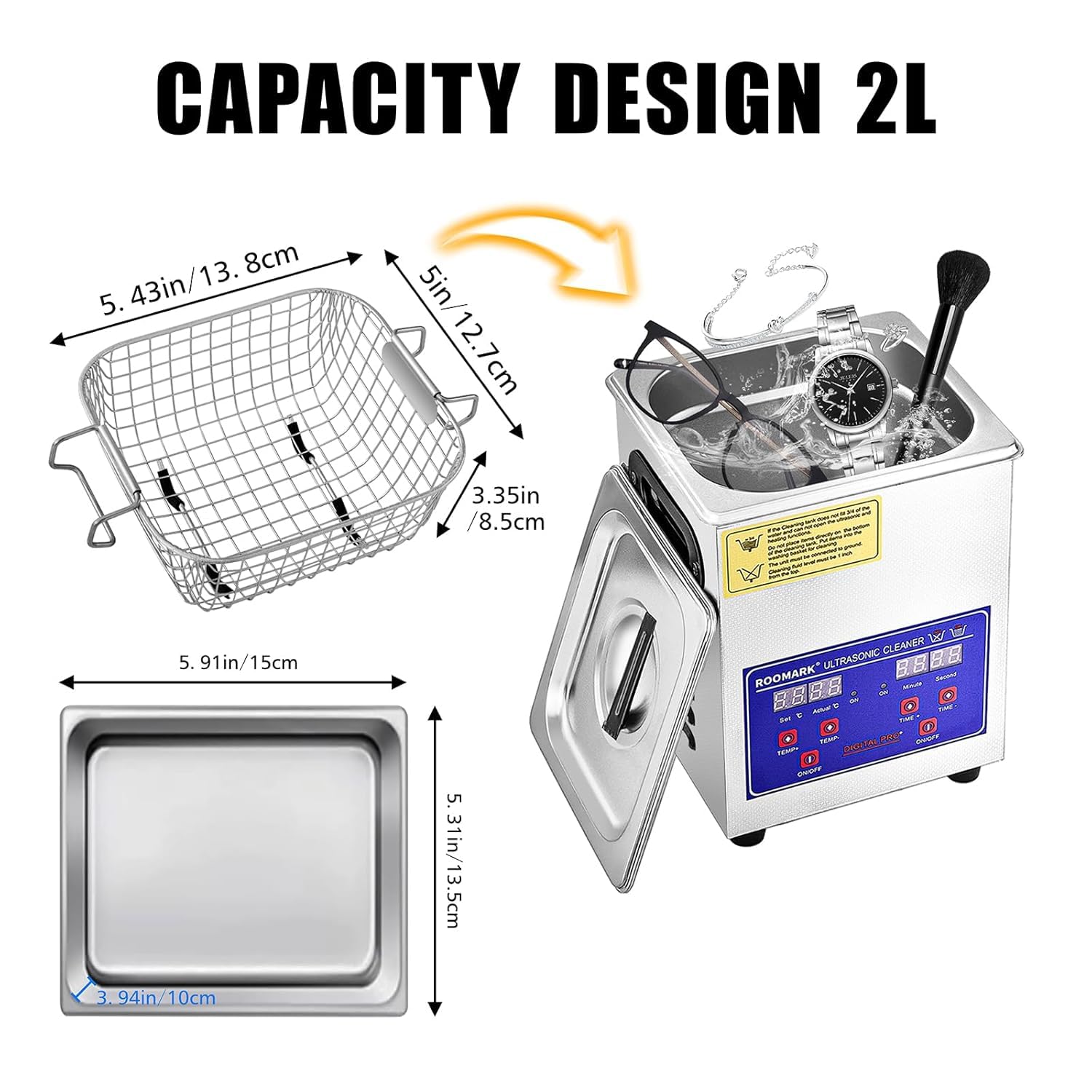 2L Ultrasonic Cleaner Machine with Digital Display, Timer & Heater - Professional Jewelry, Eyeglasses, Dentures & Small Parts Cleaning for Home & Workshop Use