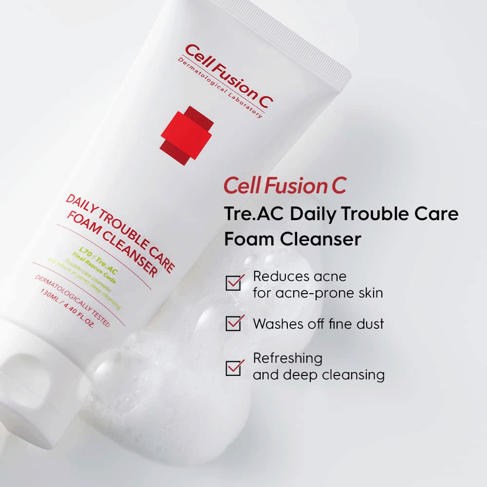 Cell Fusion C TRE.AC Daily Trouble Care Foam Cleanser 130ml - Acne Treatment & Oil Control Face Wash for Sensitive Skin - Perfect for Morning & Night Skincare Routine